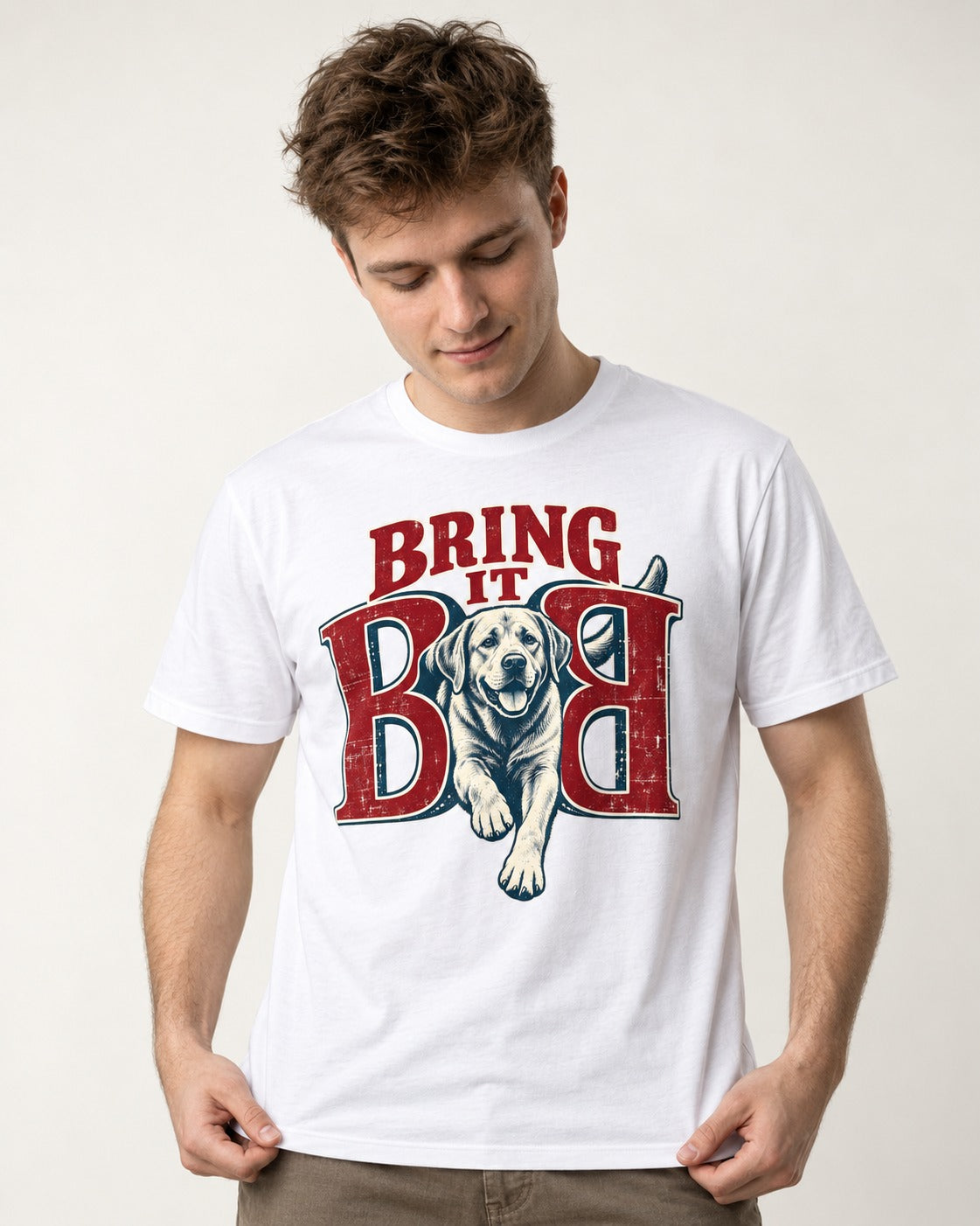 Labrador Retriever Bring It Opposing B Portrait Graphic T-Shirt in White, worn by a model