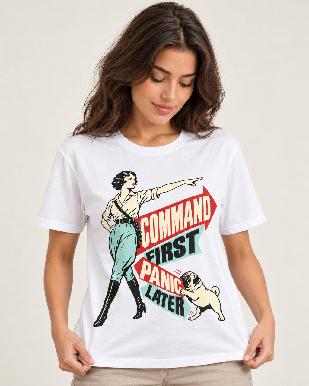 Pug Command First Panic Later Directional Graphic T-Shirt in White, worn by a model