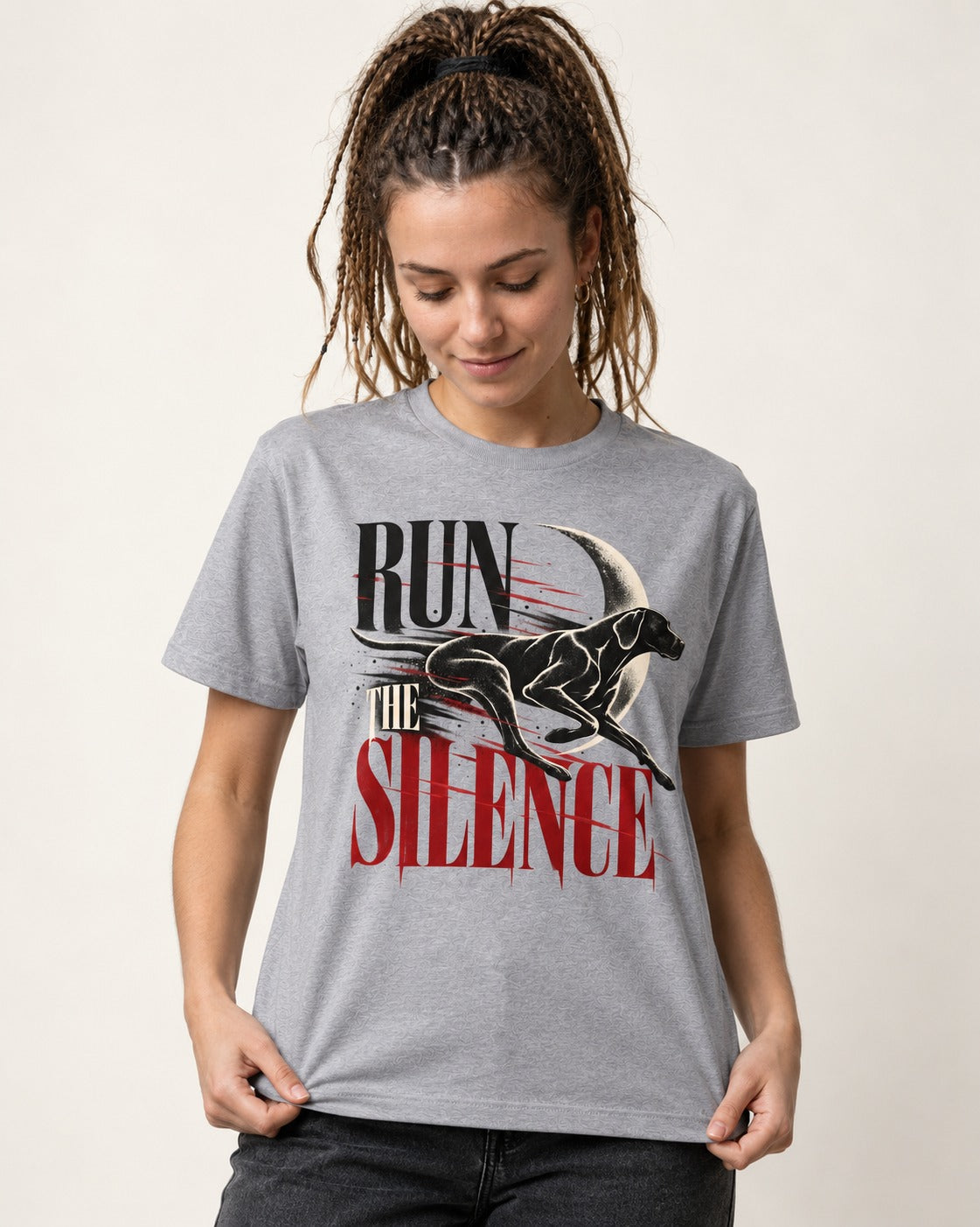 Run the Silence German Shorthaired Pointer T-Shirt in Sport Grey, worn by a model