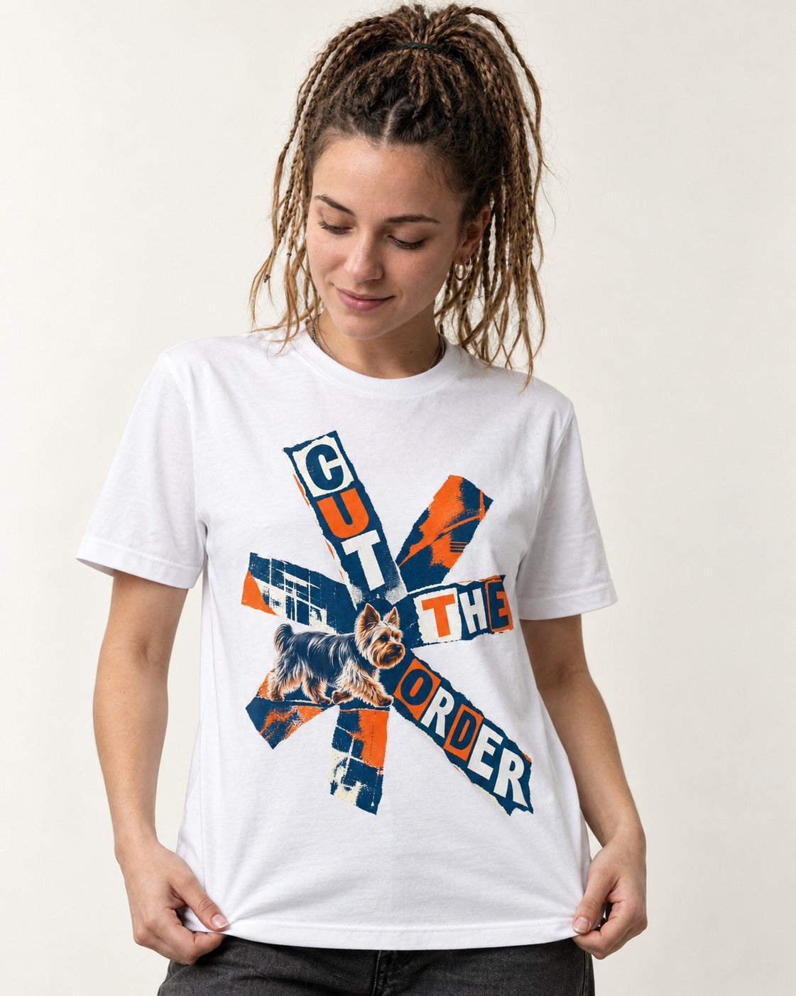 Yorkshire Terrier Cut the Order Radial Collage Graphic T-Shirt in White, worn by a model