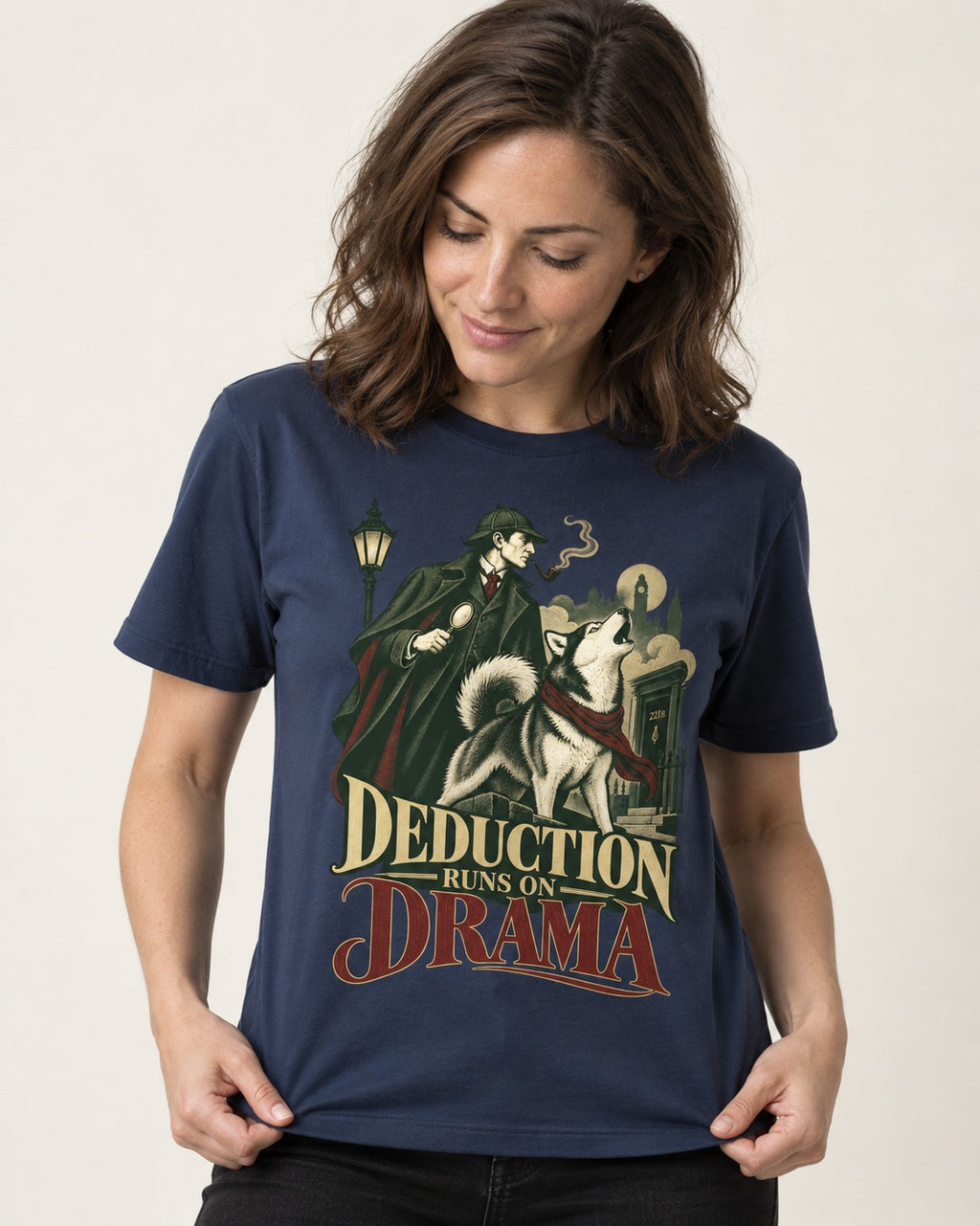 Husky Deduction Runs on Drama Detective Graphic T-Shirt in Navy, worn by a model