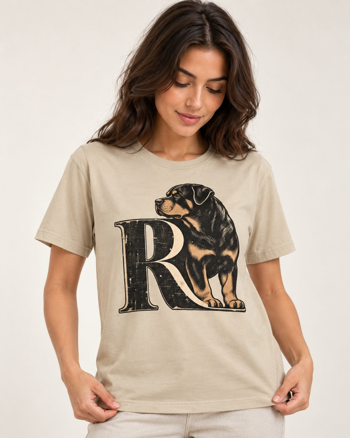 Rottweiler Pride T-Shirt in Sand, worn by a model