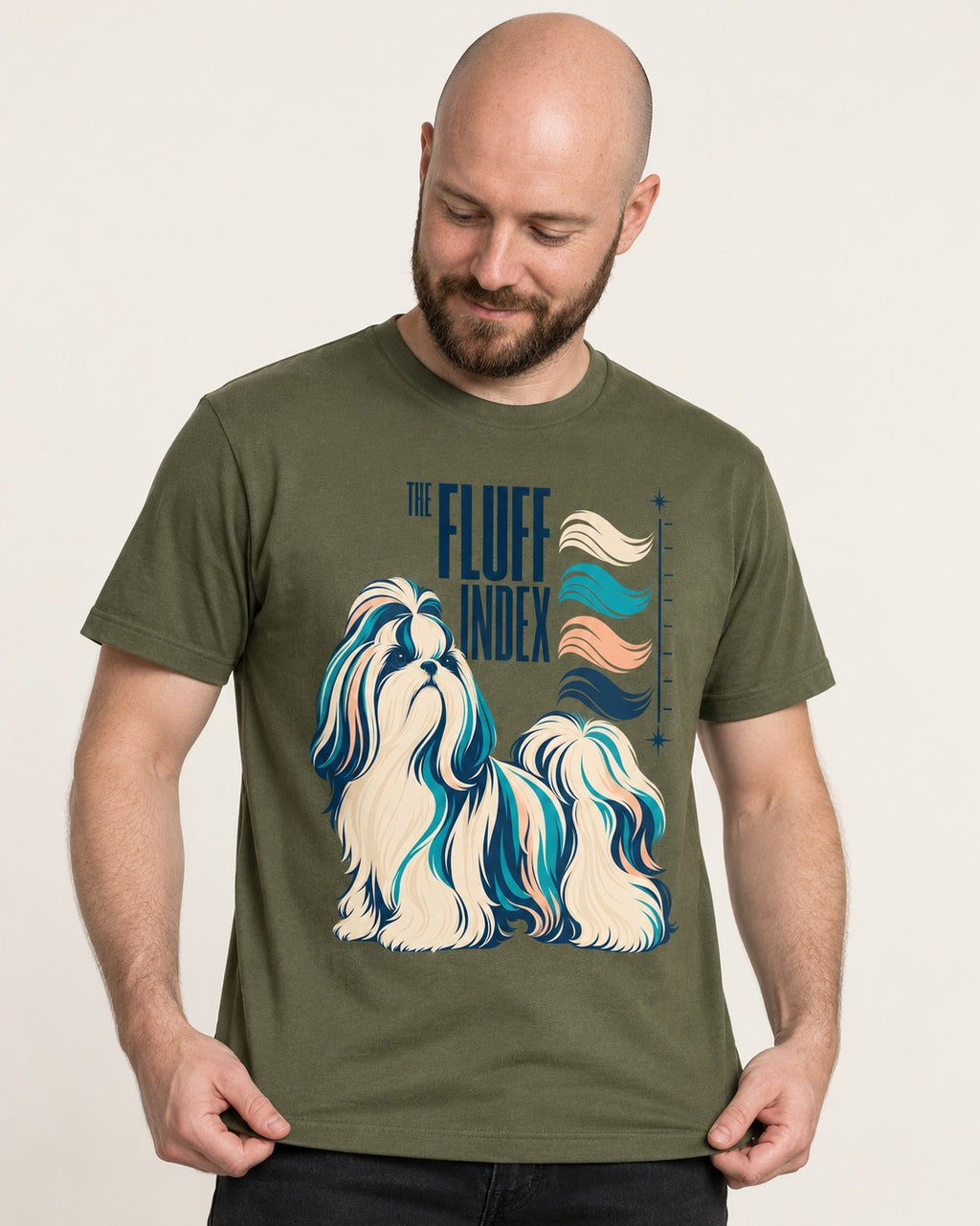 Shih Tzu The Fluff Index Coat Color Chart Graphic T-Shirt in Heather Military Green, worn by a model