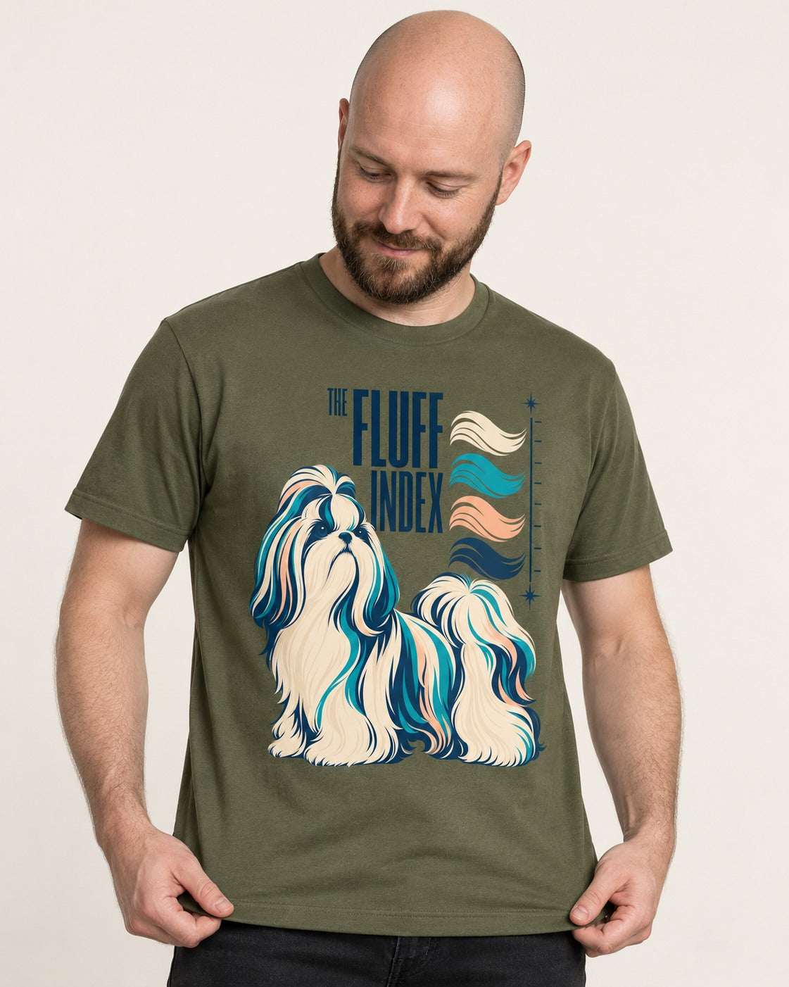 Shih Tzu The Fluff Index Coat Color Chart Graphic T-Shirt in Heather Military Green, worn by a model