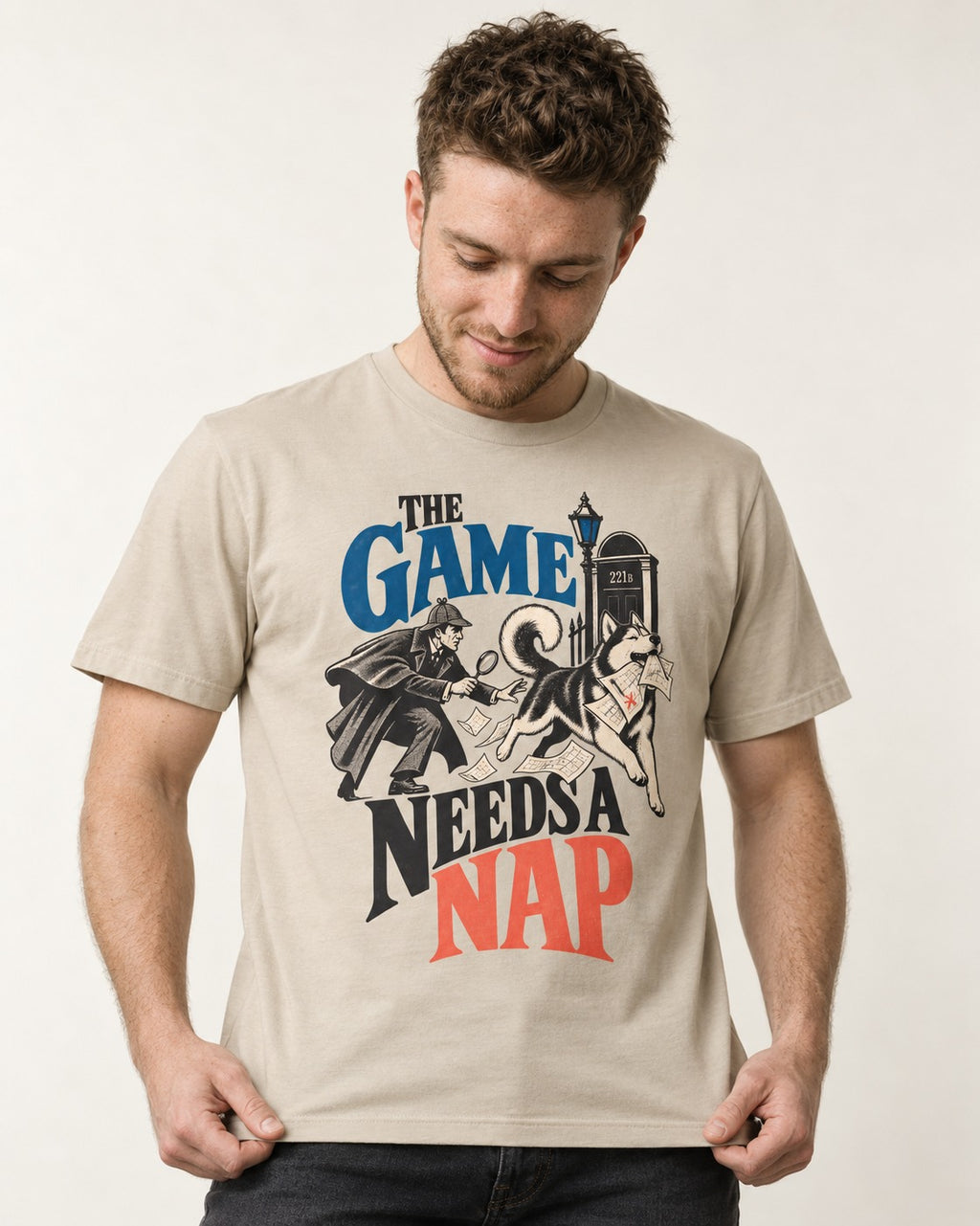 Husky Needs a Nap T-Shirt in Sand, worn by a model