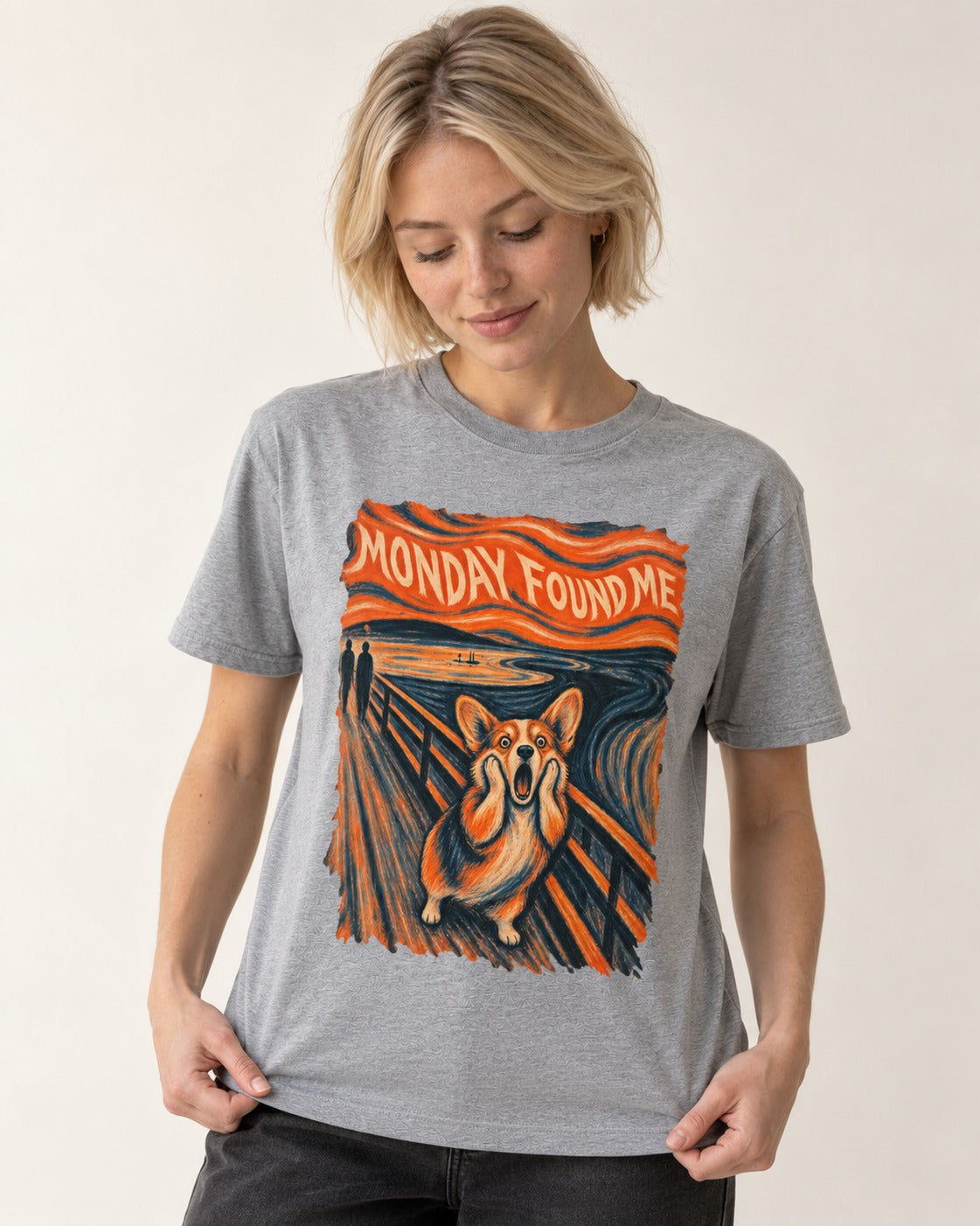 Corgi Monday Found Me Scream Banner T-Shirt in Sport Grey, worn by a model