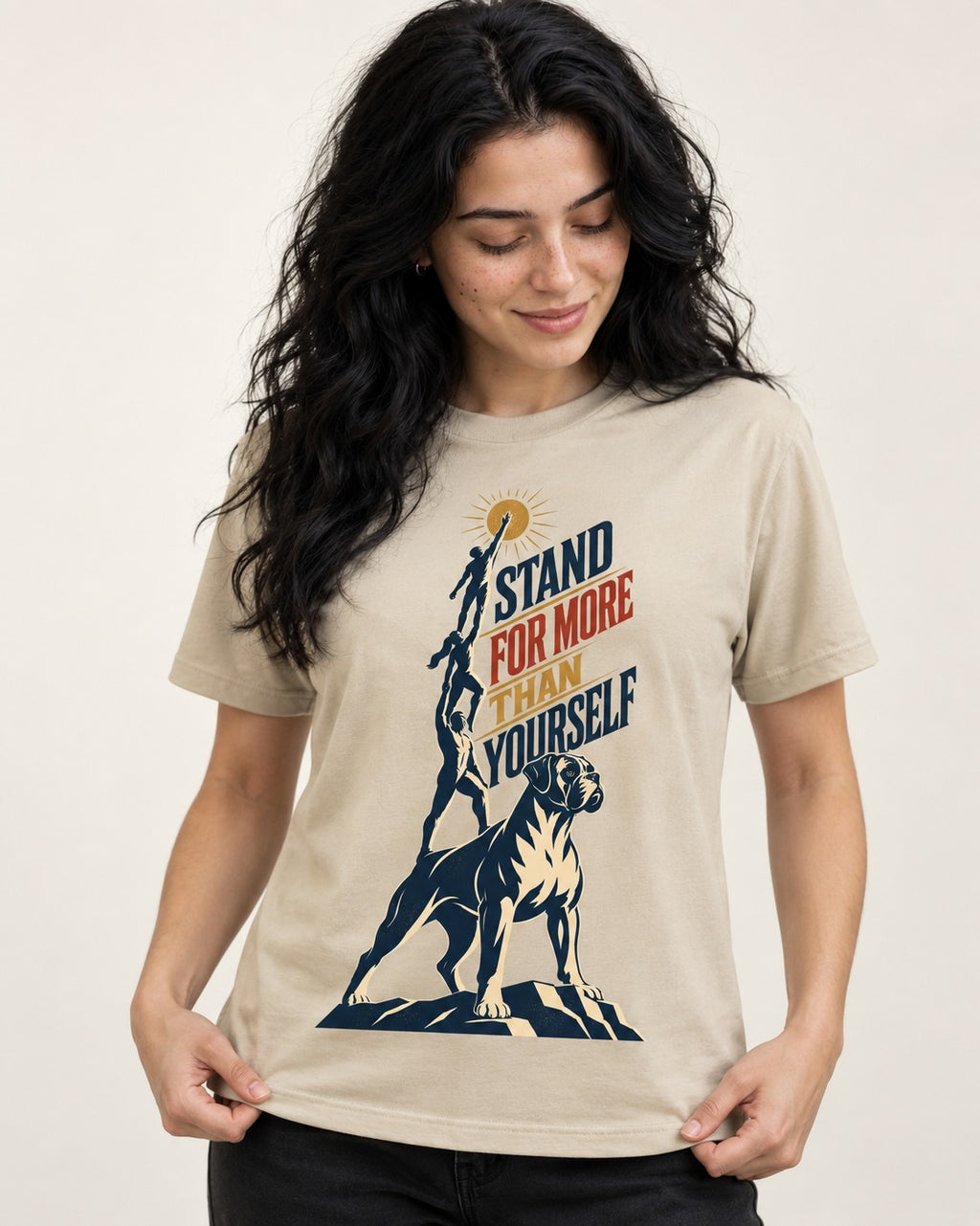 Boxer Stand for More T-Shirt in Sand, worn by a model