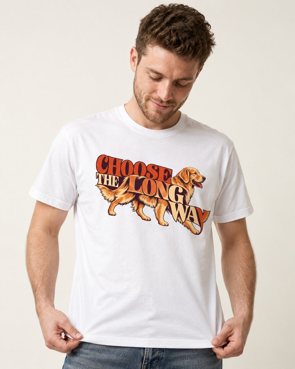 Golden Retriever Choose The Long Way Retro Graphic T-Shirt in White, worn by a model