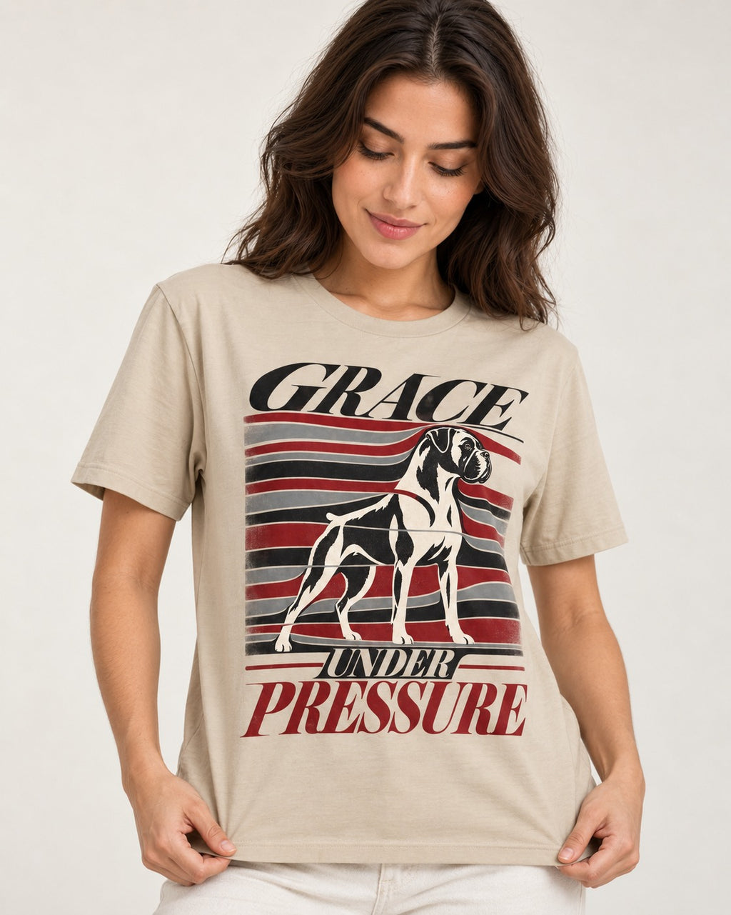 Boxer Grace Under Pressure T-Shirt in Sand, worn by a model