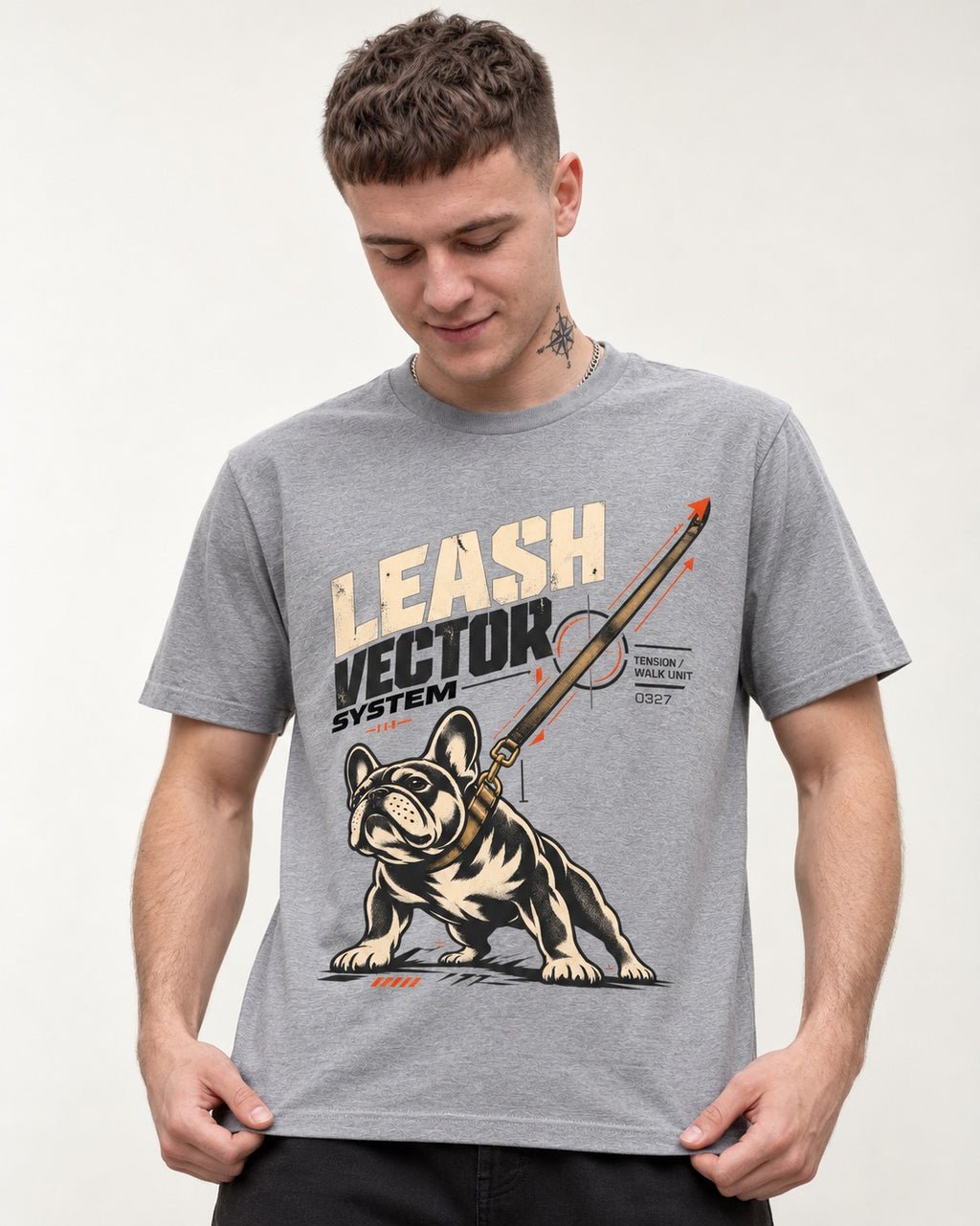Frenchie Leash Vector T-Shirt in Sport Grey, worn by a model