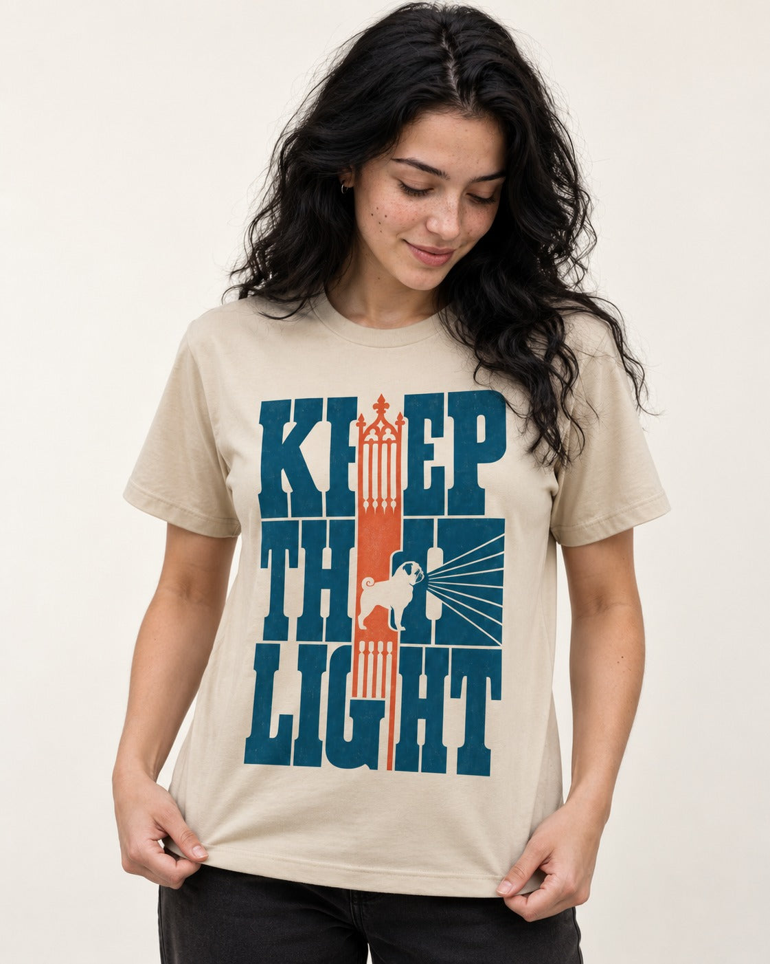 Keep the Pug Fight T-Shirt in Sand, worn by a model