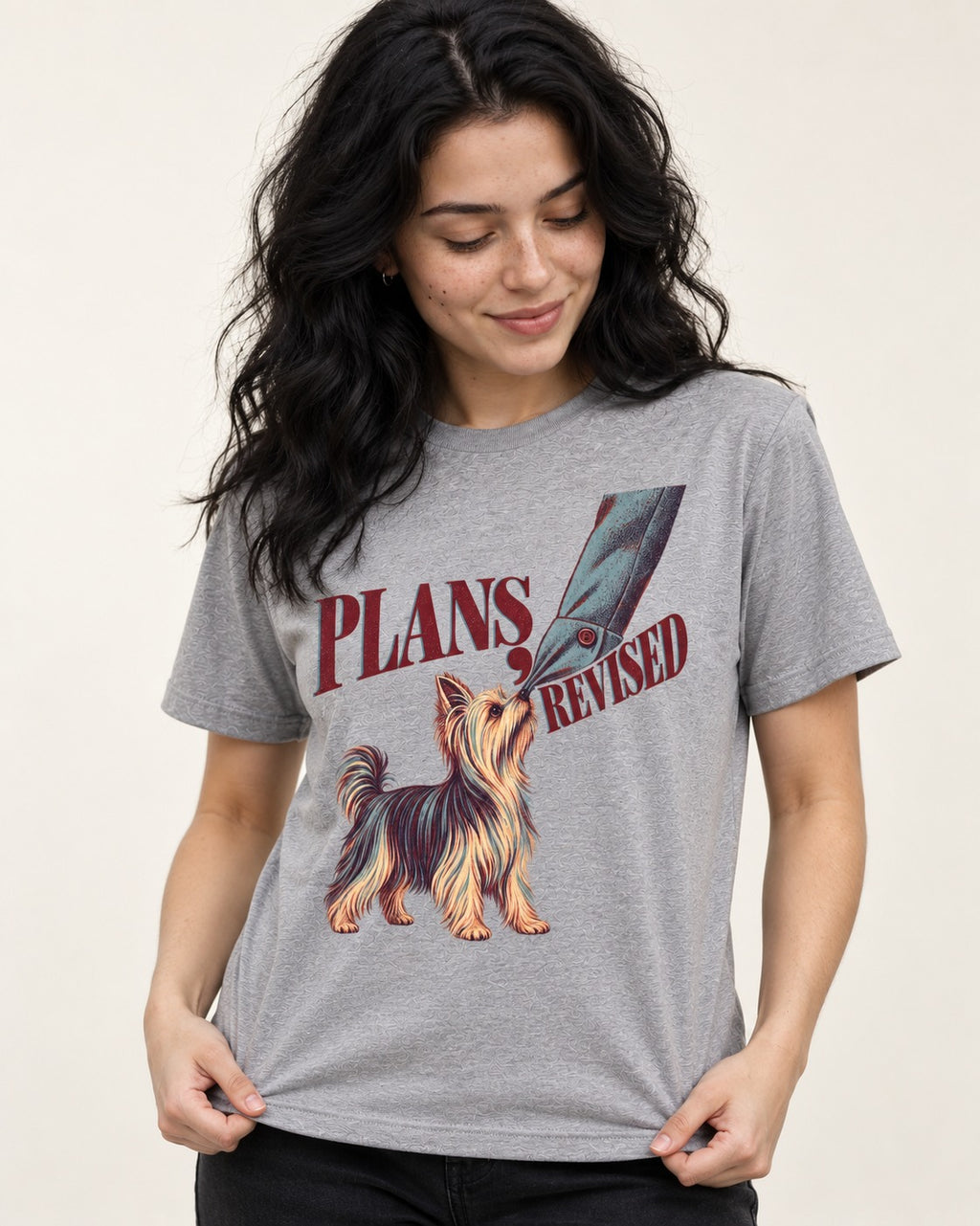 Yorkshire Terrier Plans Revised T-Shirt in Sport Grey, worn by a model