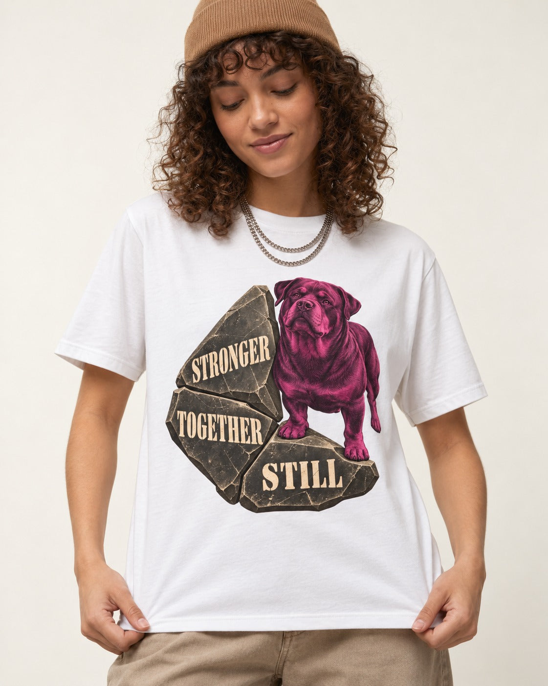 Rottweiler Stronger Together Still Foundation Stone Graphic T-Shirt in White, worn by a model