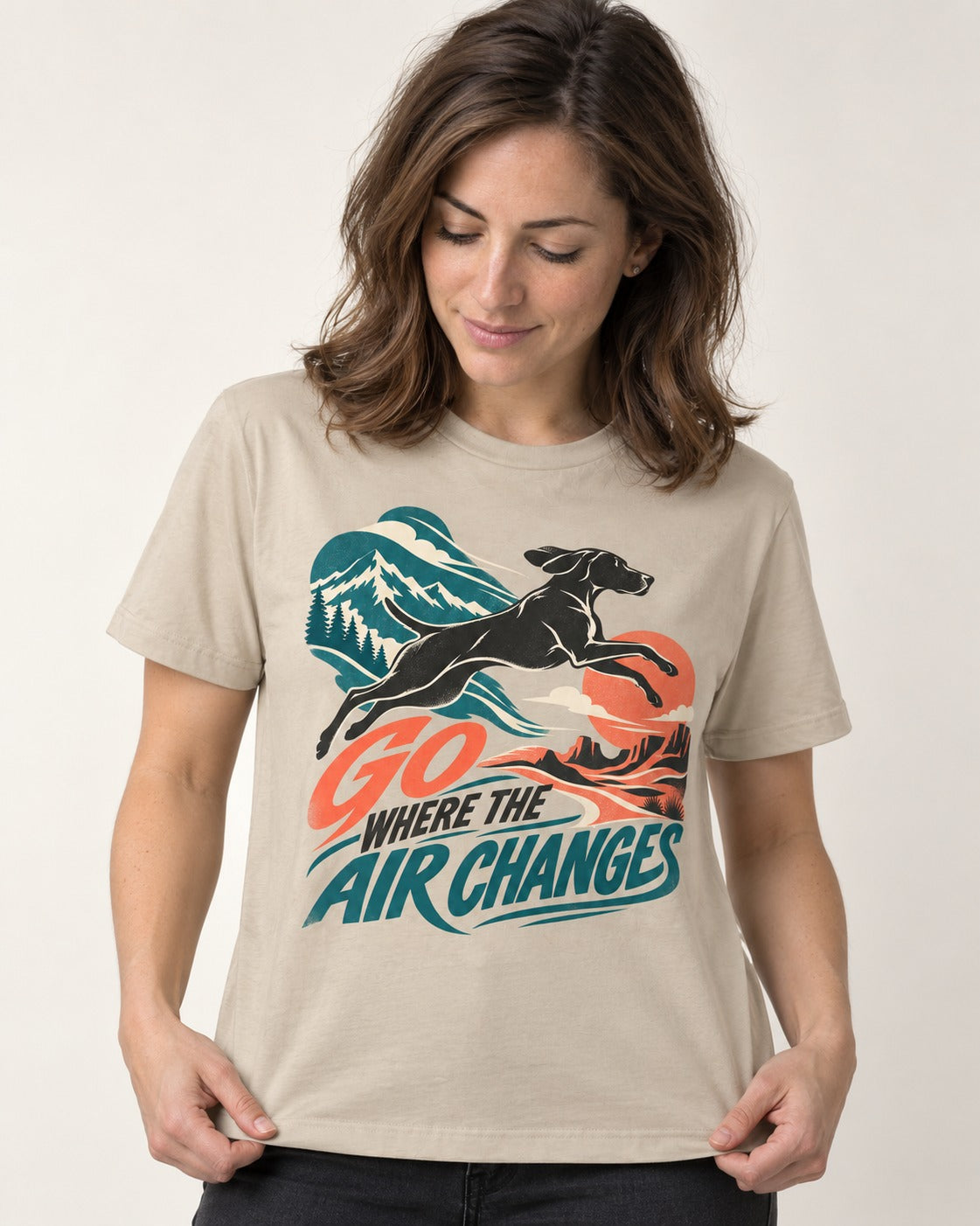 German Shorthaired Pointer Where the Air Changes T-Shirt in Sand, worn by a model