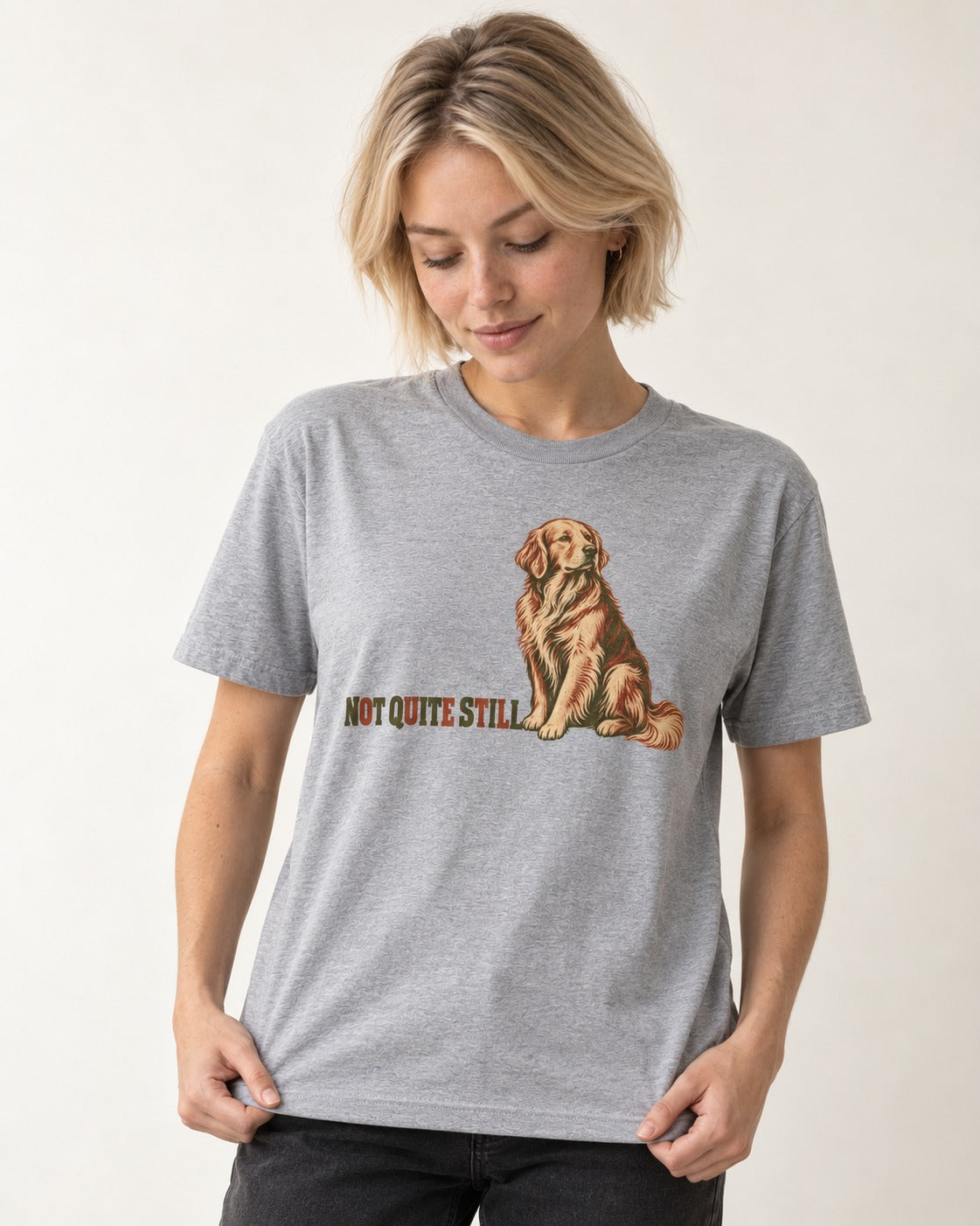 Golden Retriever Not Quite Still T-Shirt in Sport Grey, worn by a model