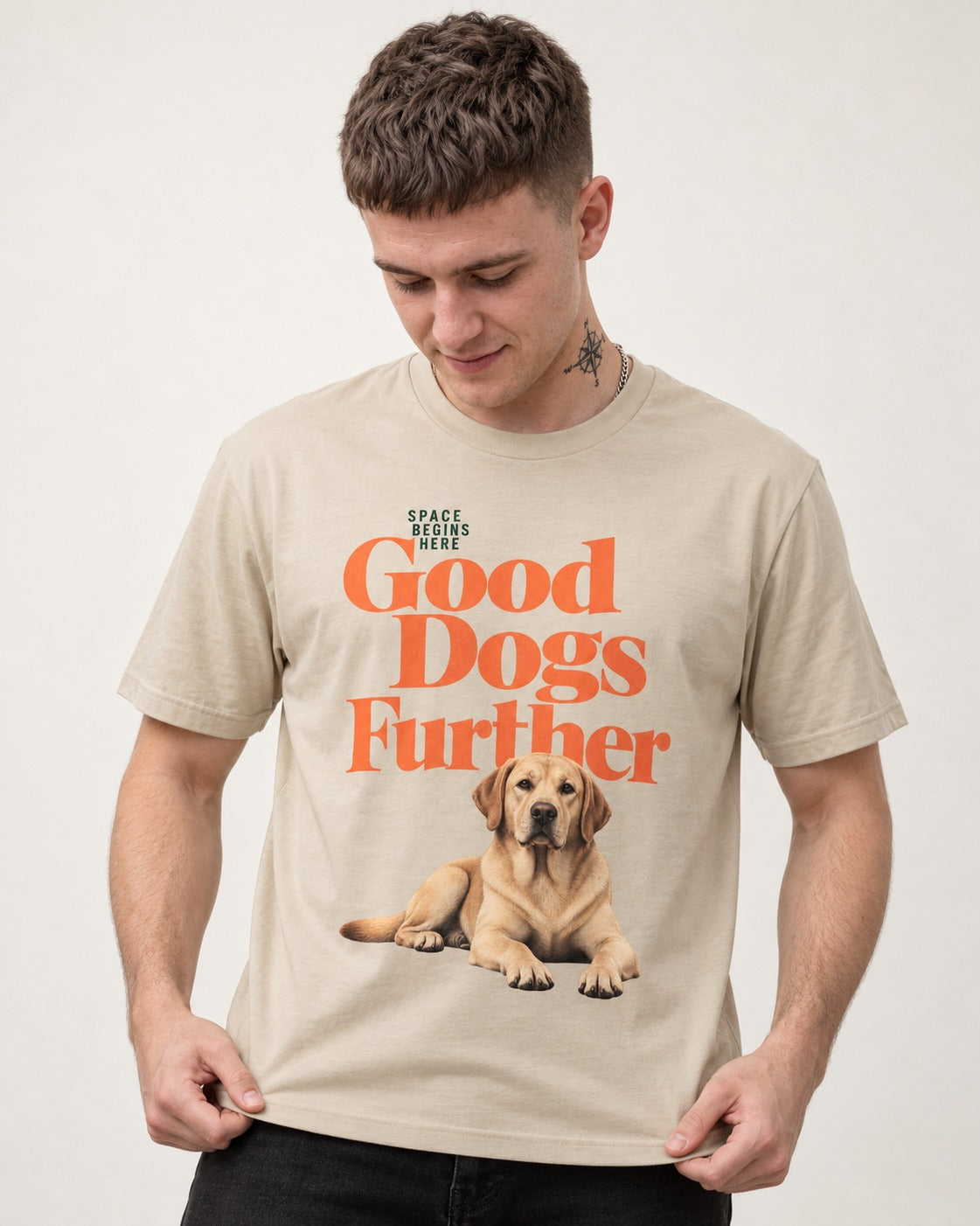 Good Labrador Retriever Goes Further T-Shirt in Sand, worn by a model