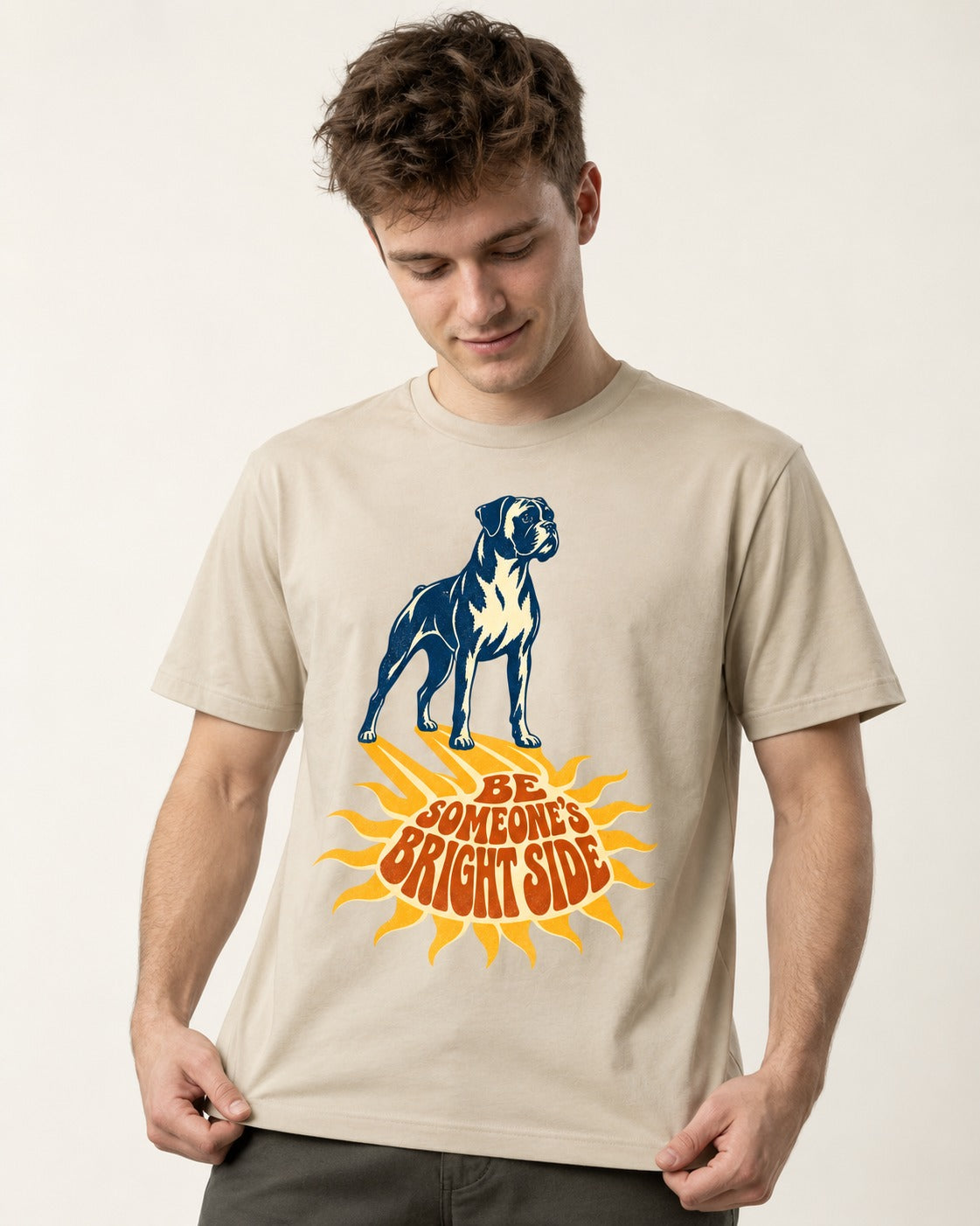 Boxer Be Someone's Bright Side T-Shirt in Sand, worn by a model