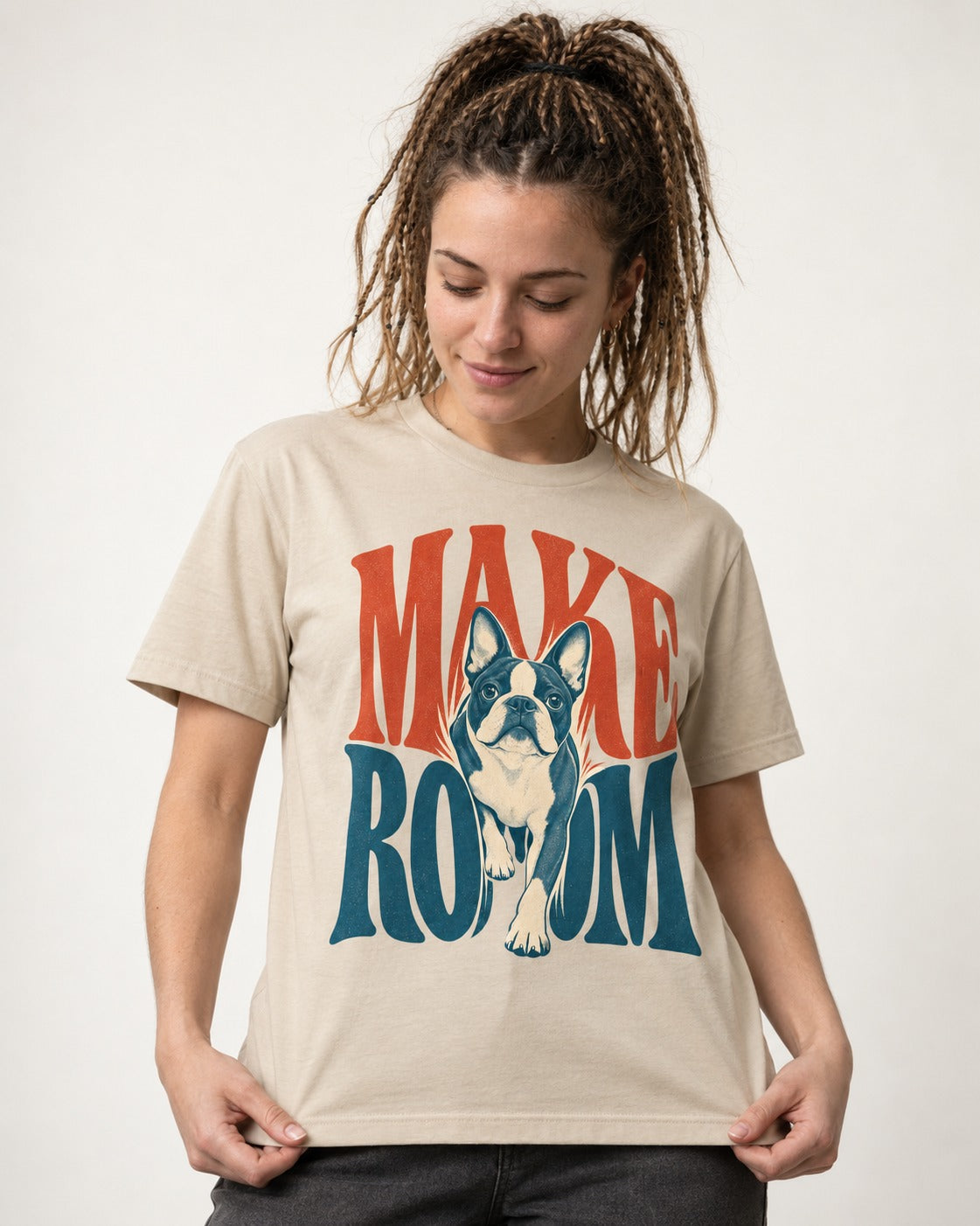 Make Room for the Boston Terrier T-Shirt in Sand, worn by a model
