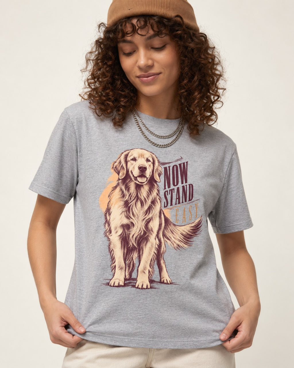 Now Stand Easy Golden Retriever T-Shirt in Sport Grey, worn by a model