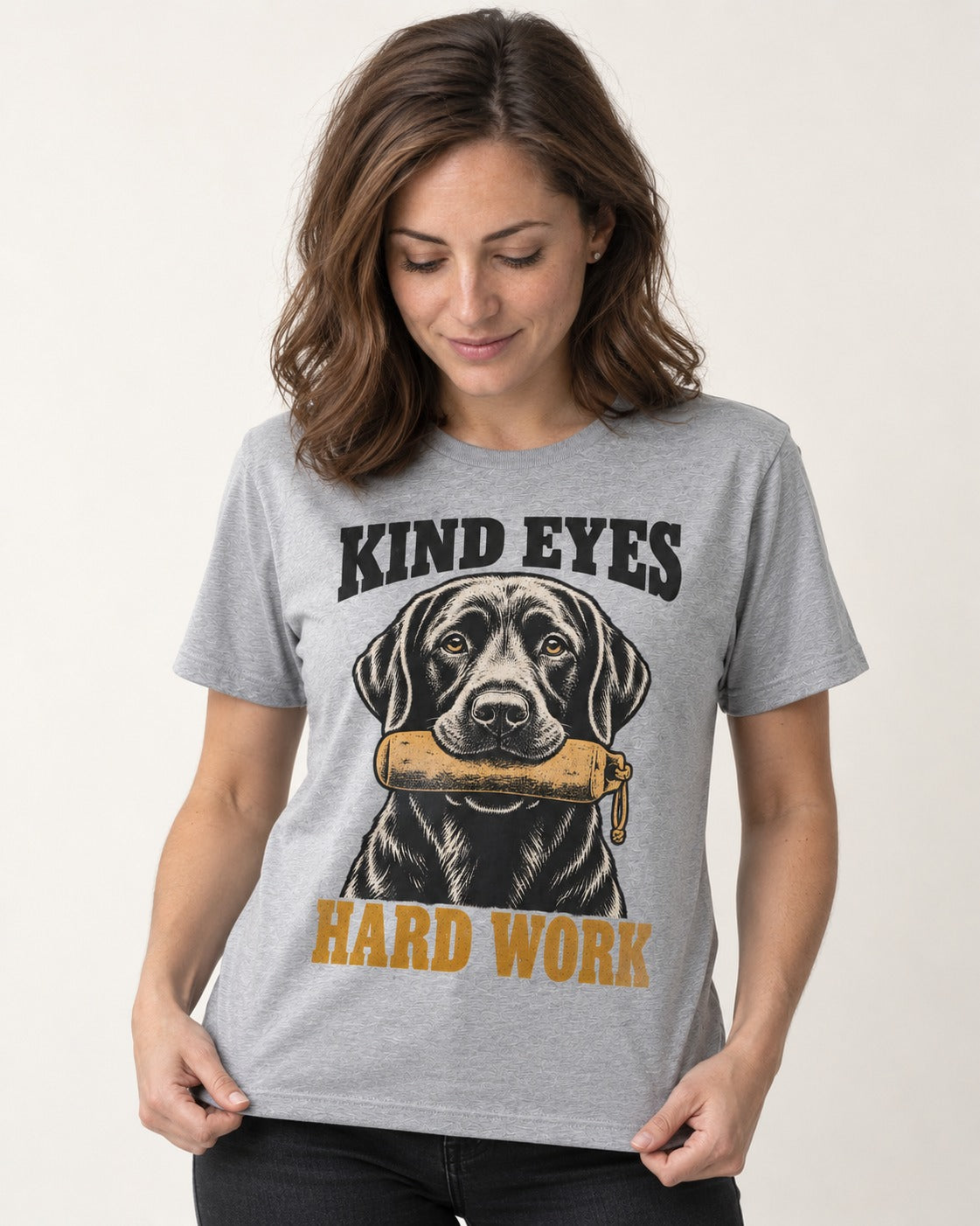 Kind Eyes Hard Work Labrador Retriever T-Shirt in Sport Grey, worn by a model