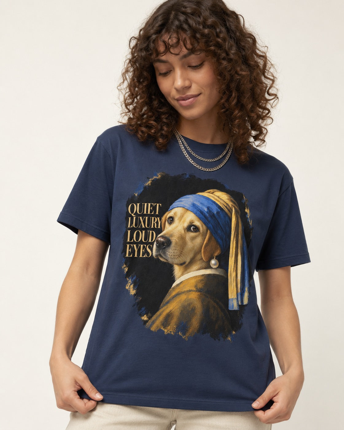 Labrador Retriever Quiet Luxury Loud Eyes Pearl Earring Graphic T-Shirt in Navy, worn by a model