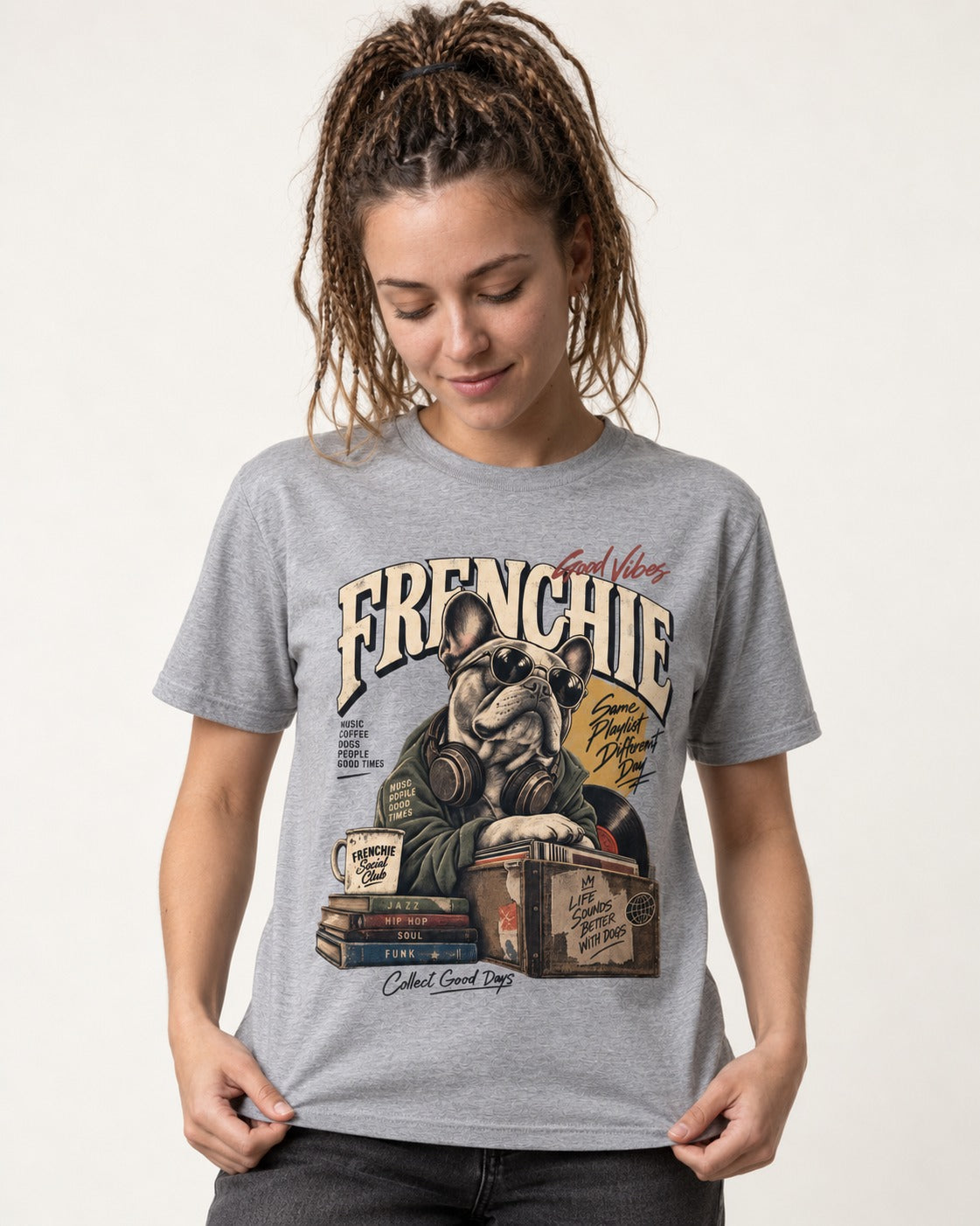 Frenchie Social Club T-Shirt in Sport Grey, worn by a model