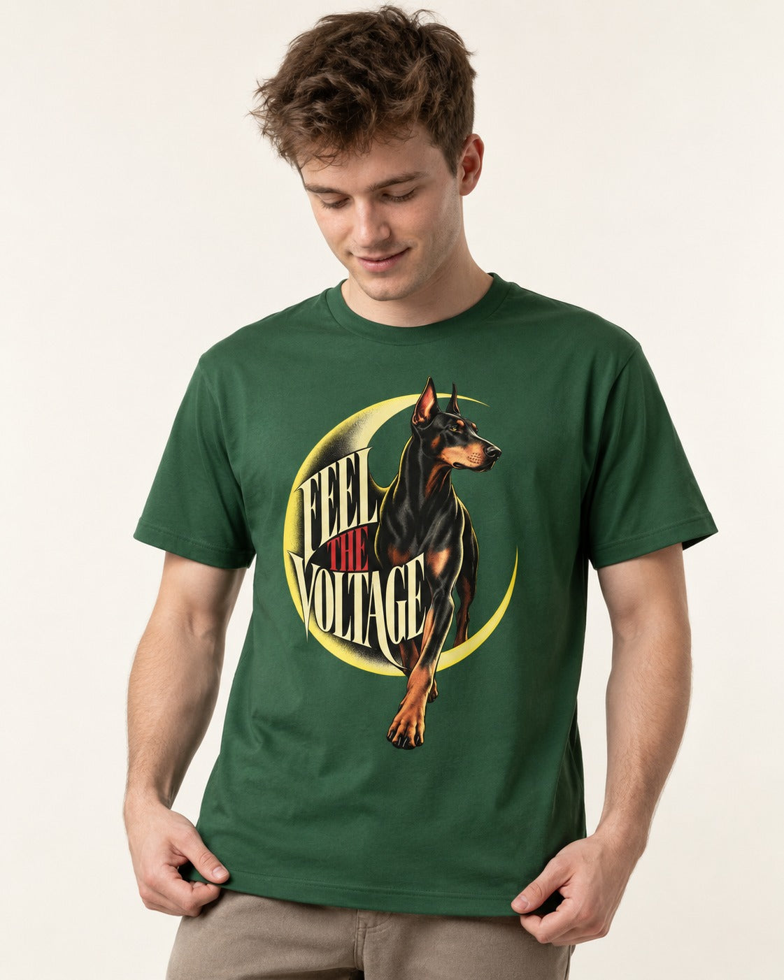 Doberman Feel the Voltage Crescent Portrait Graphic T-Shirt in Forest Green, worn by a model