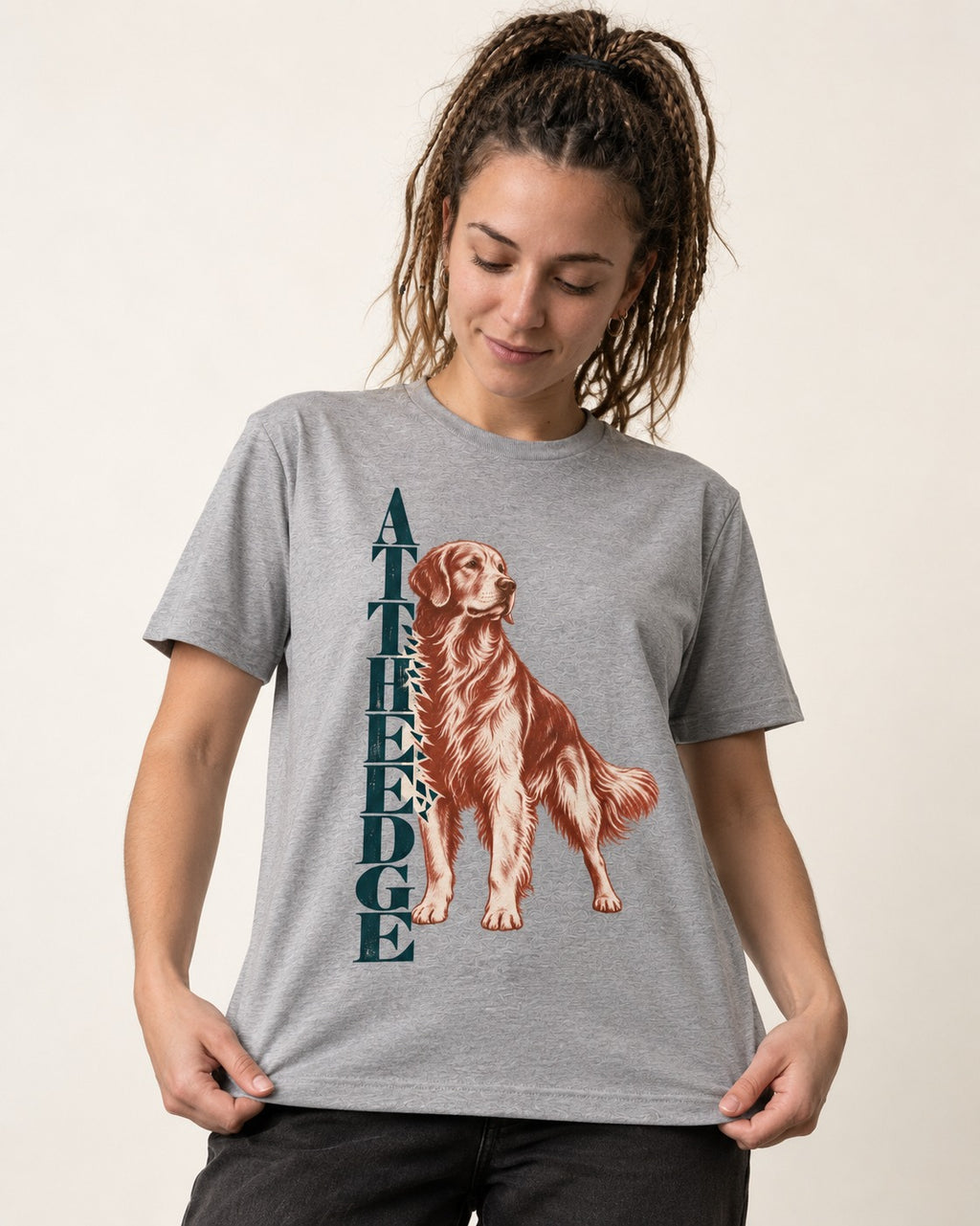 Golden Retriever At the Edge T-Shirt in Sport Grey, worn by a model