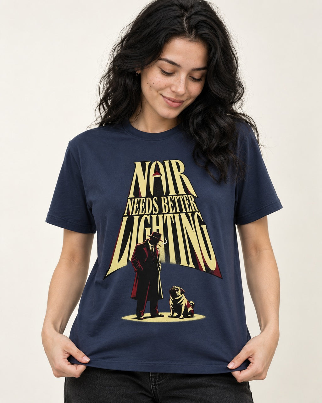 Pug Noir Needs Better Lighting Detective Graphic T-Shirt in Navy, worn by a model