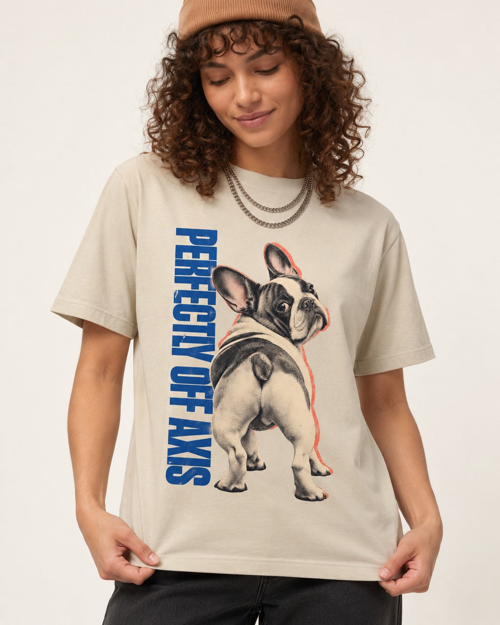 Perfectly Off Axis Frenchie T-Shirt in Sand, worn by a model
