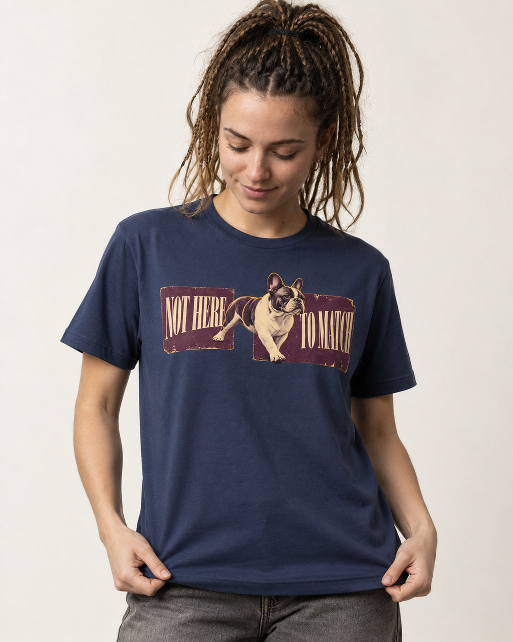 Frenchie Not Here to Watch Panels Graphic T-Shirt in Navy, worn by a model