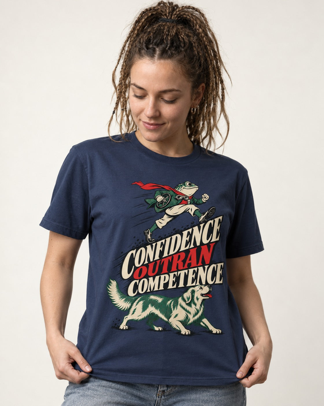 Golden Retriever Confidence Outran Competence Racing Graphic T-Shirt in Navy, worn by a model