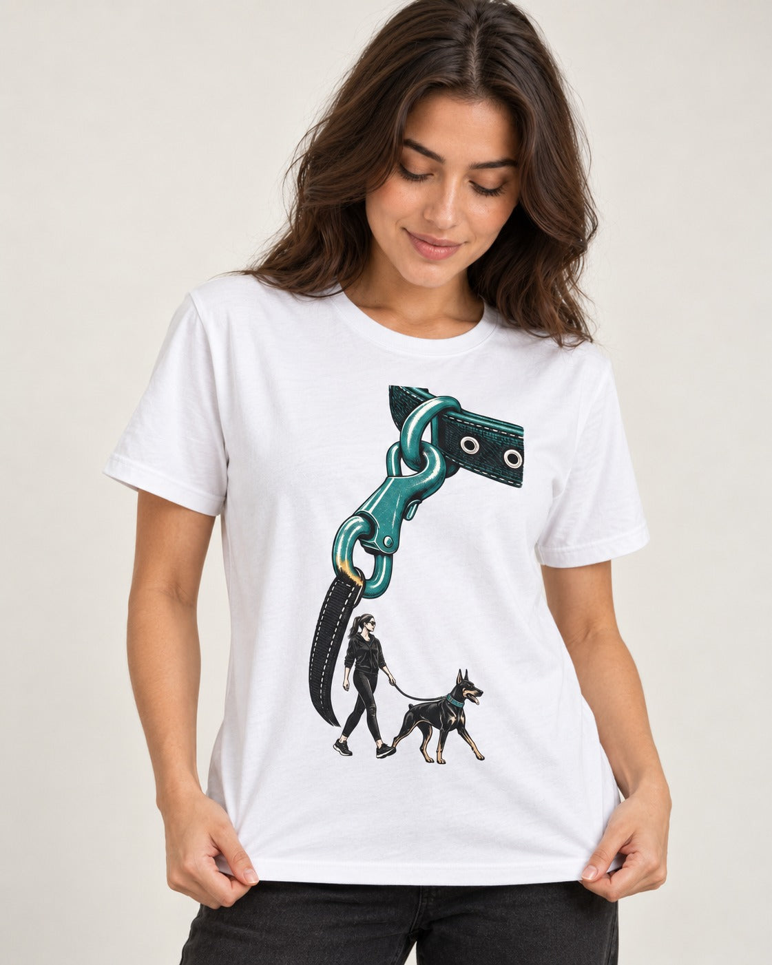 Doberman Oversized Leash Hardware Walk Graphic T-Shirt in White, worn by a model