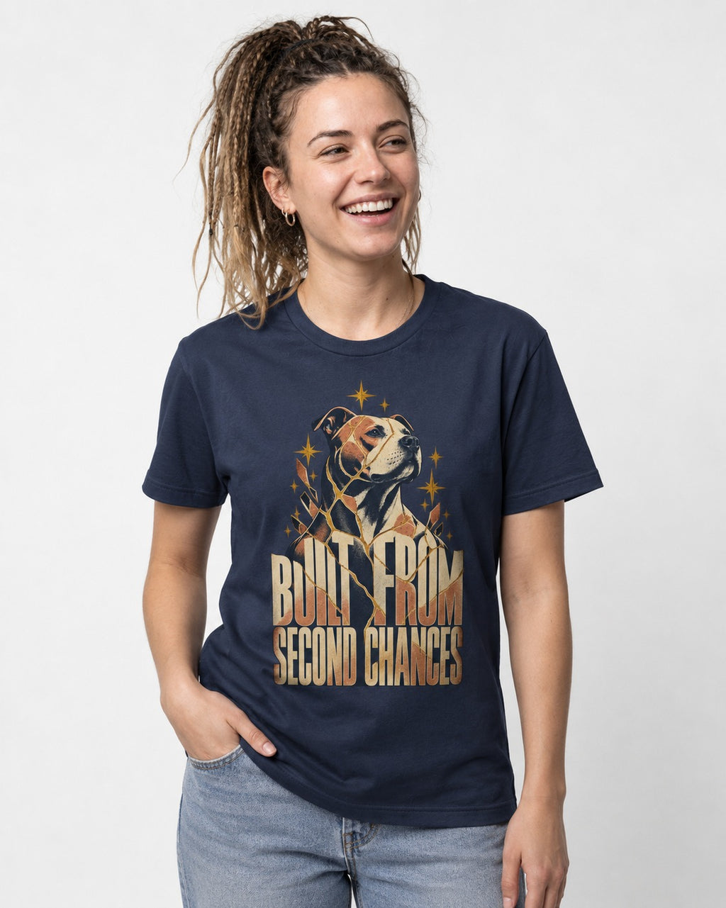 Pitbull Built from Second Chances Kintsugi Graphic T-Shirt in Navy, worn by a model