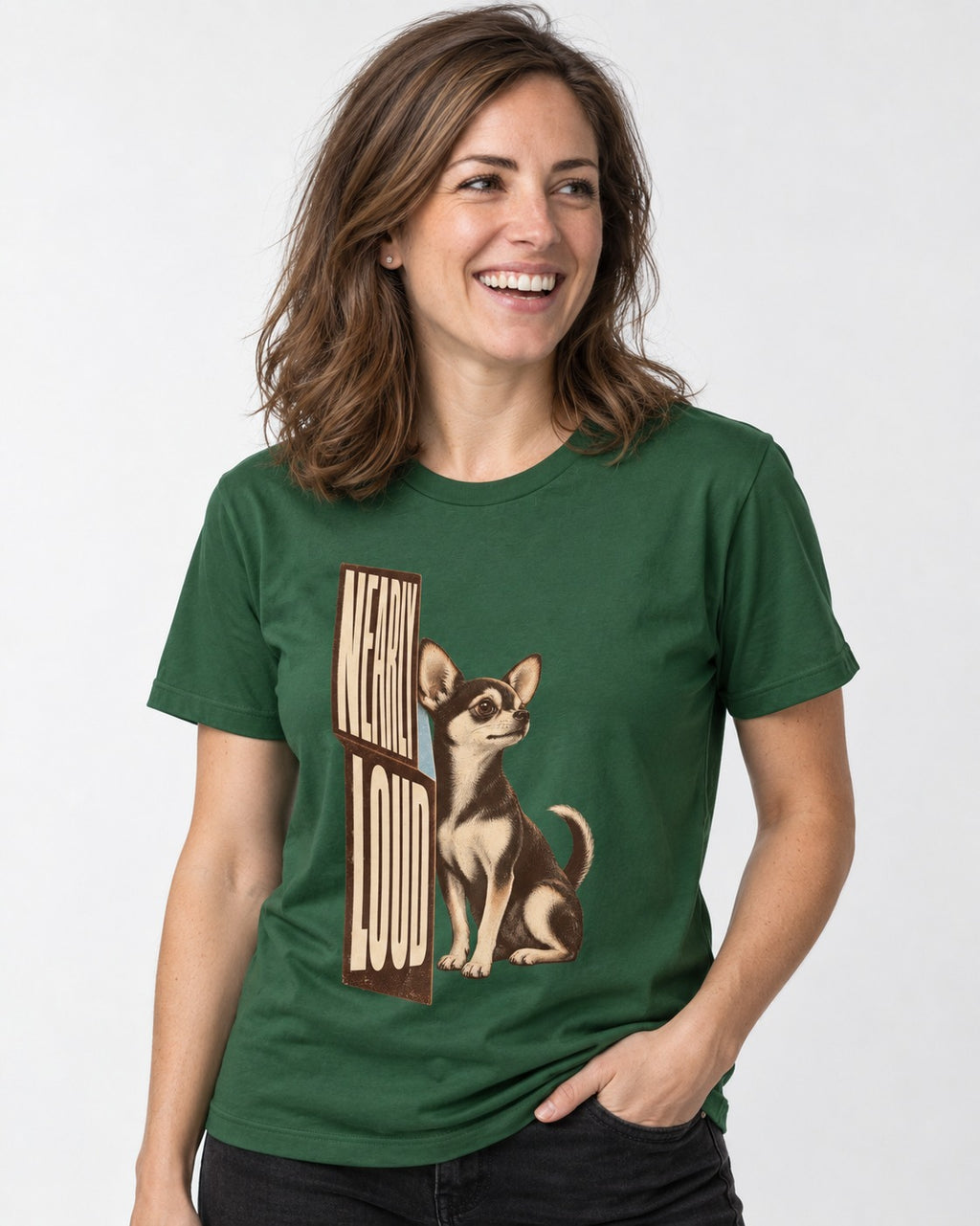 Chihuahua Never Loud T-Shirt in Forest Green, worn by a model