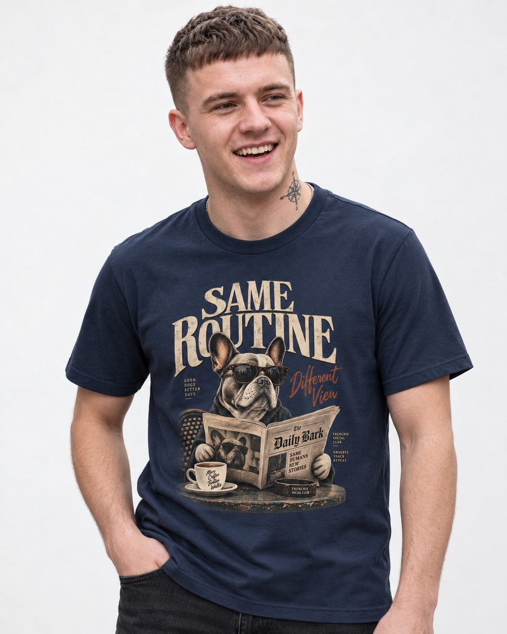 Frenchie Same Routine Different View Graphic T-Shirt in Navy, worn by a model
