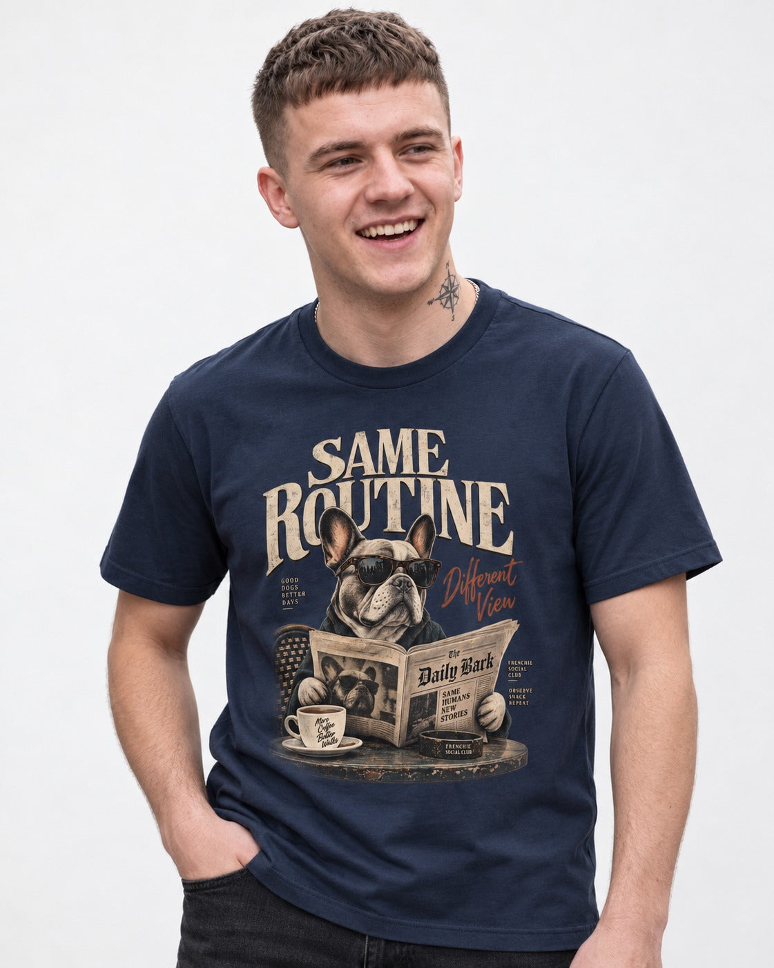 Frenchie Same Routine Different View Graphic T-Shirt in Navy, worn by a model