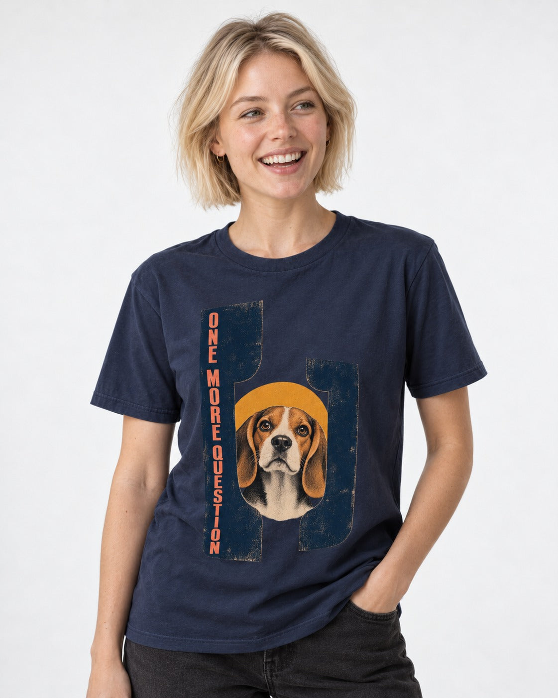 Beagle Has One More Question T-Shirt in Navy, worn by a model