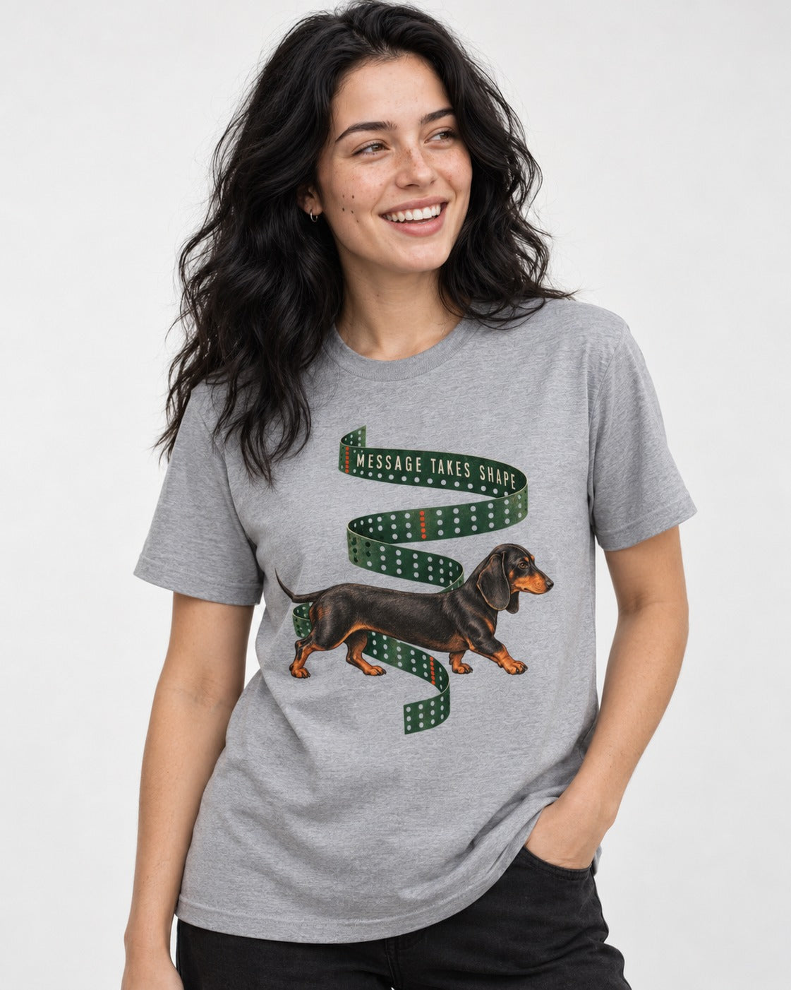 Dachshund Message Takes Shape T-Shirt in Sport Grey, worn by a model