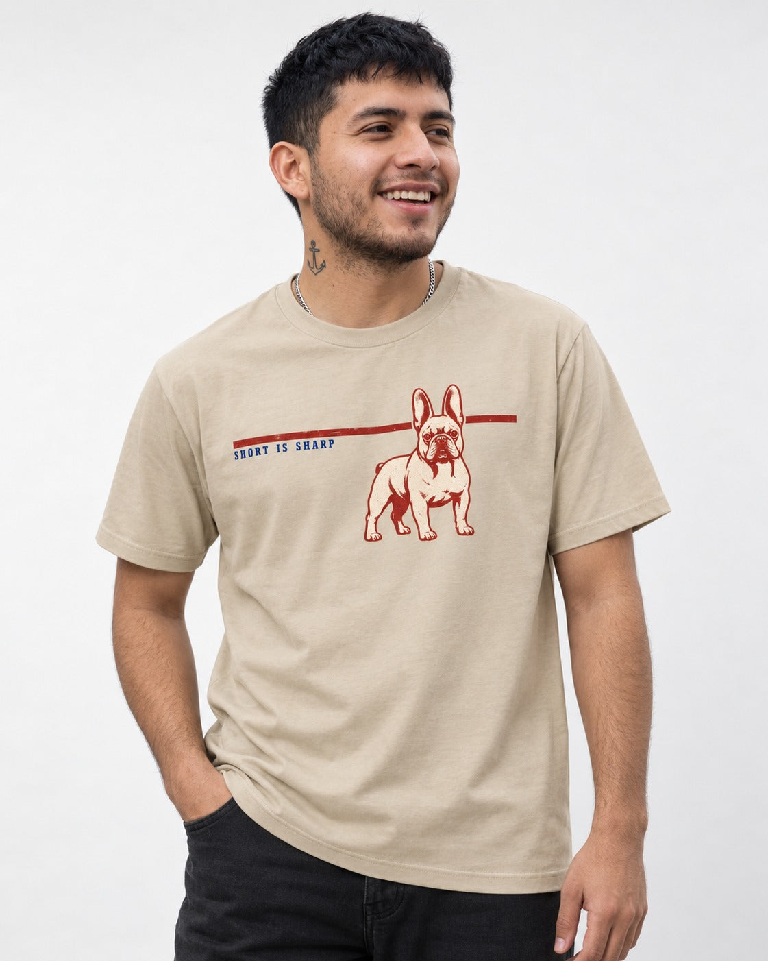 Short Is Sharp Frenchie T-Shirt in Sand, worn by a model