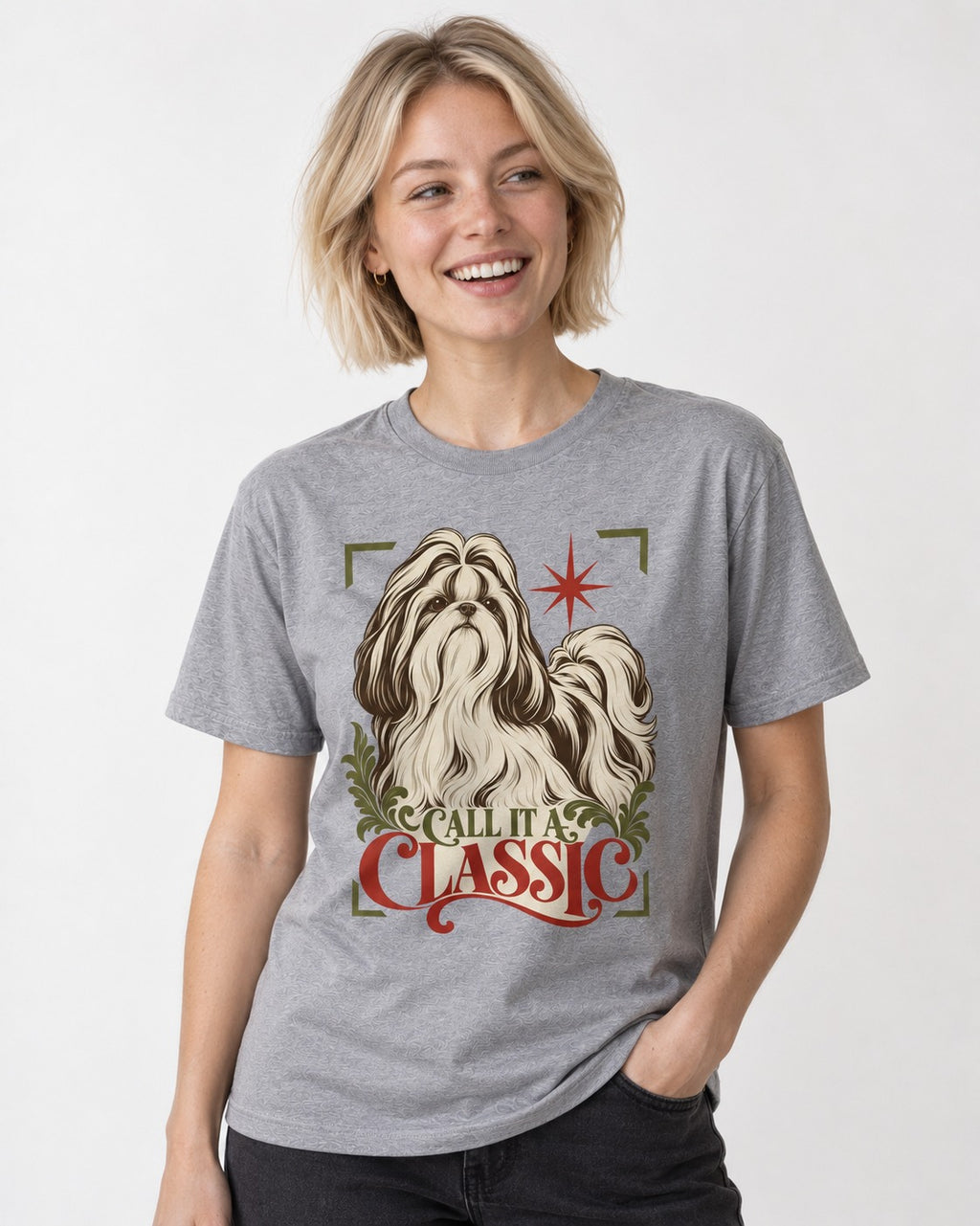 Call It a Shih Tzu Classic T-Shirt in Sport Grey, worn by a model