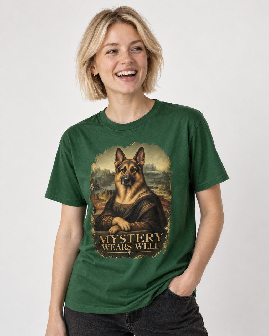 German Shepherd Dog Mystery Wears Well Renaissance Portrait T-Shirt in Forest Green, worn by a model