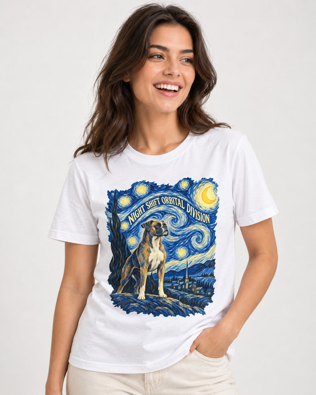 Night Shift Orbital Division Boxer Night Sky Graphic T-Shirt in White, worn by a model