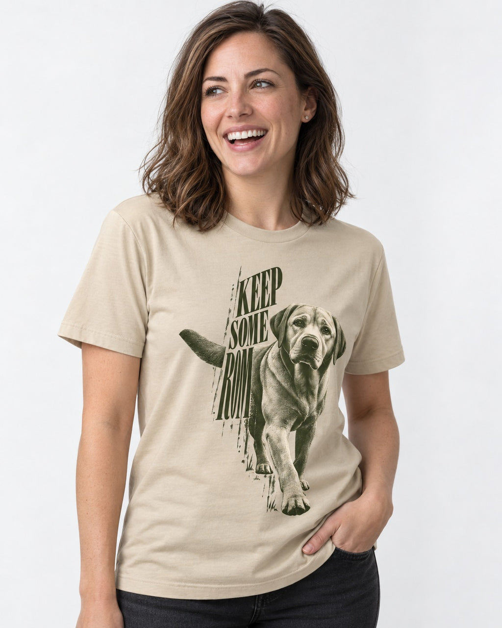 Keep Some Room Labrador Retriever T-Shirt in Sand, worn by a model