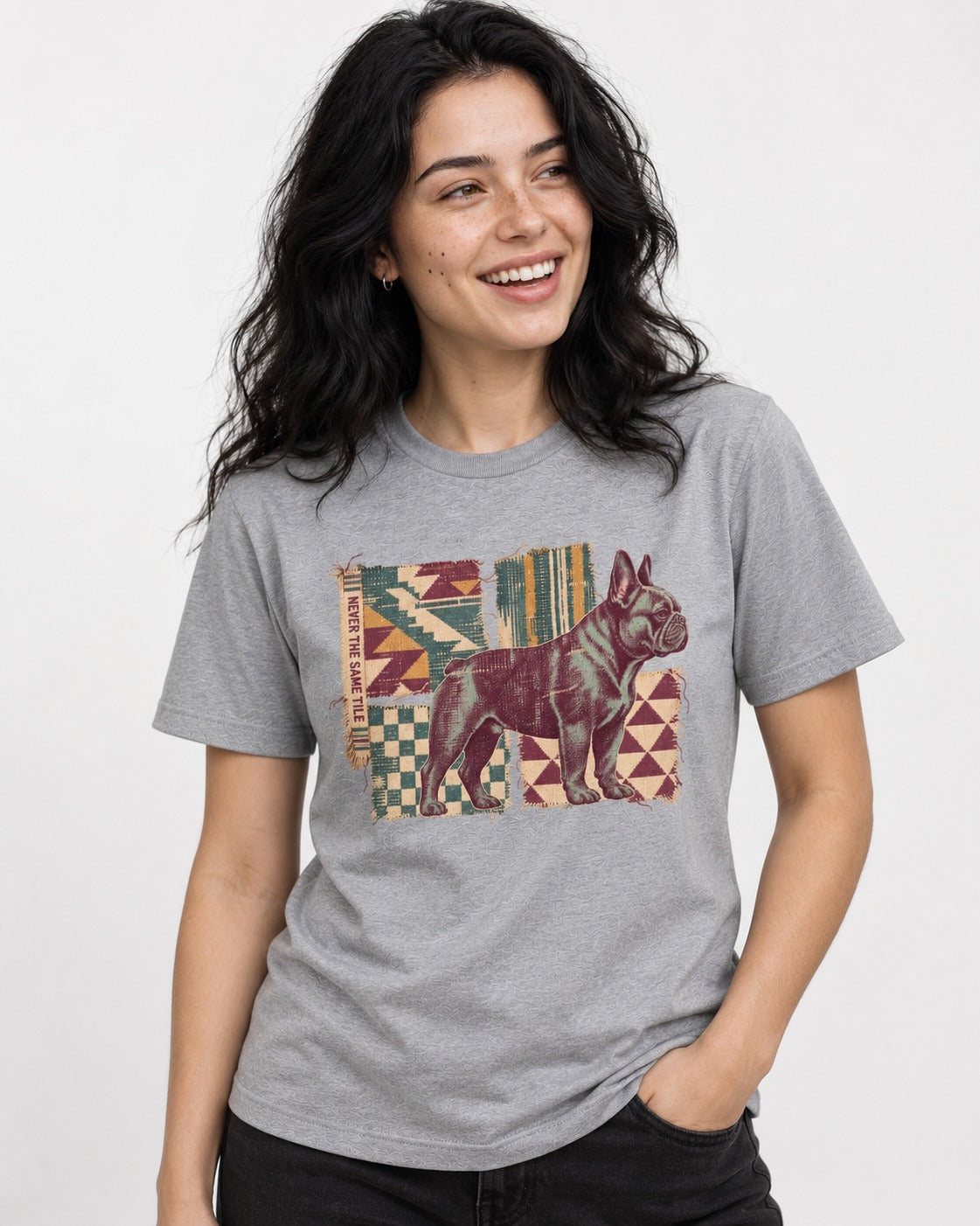Frenchie Never the Same Tile Textile Graphic T-Shirt in Sport Grey, worn by a model
