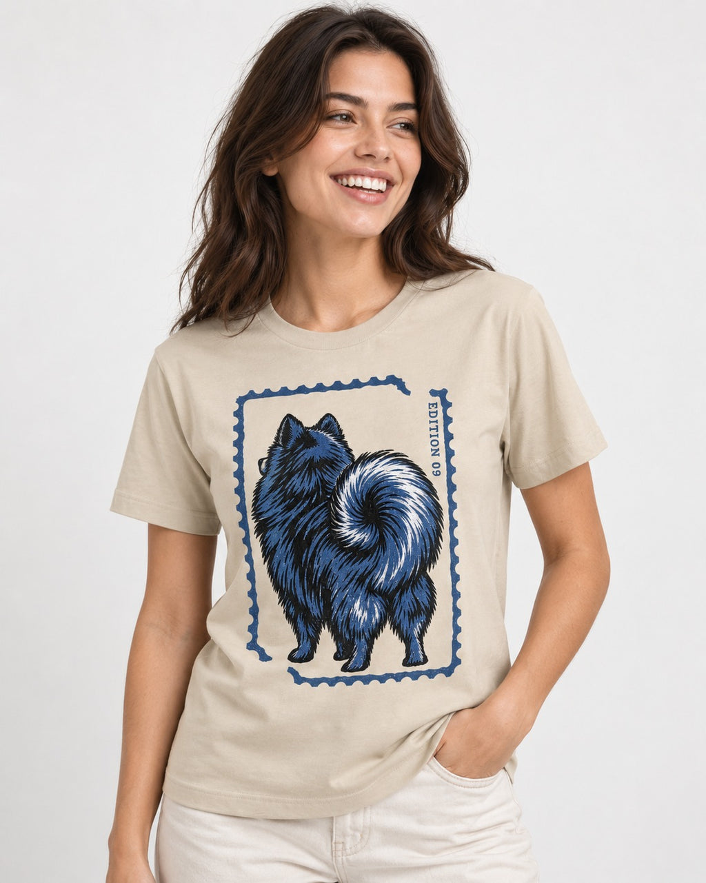 Pomeranian Pride T-Shirt in Sand, worn by a model