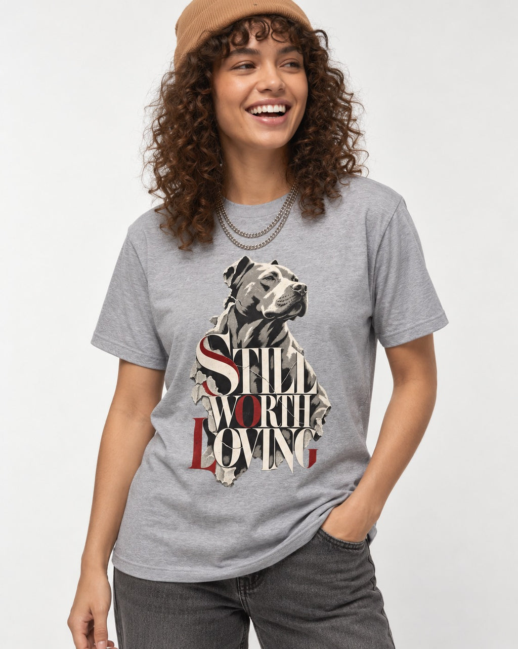 Pitbull Still Worth Loving Torn Poster Portrait Graphic T-Shirt in Sport Grey, worn by a model