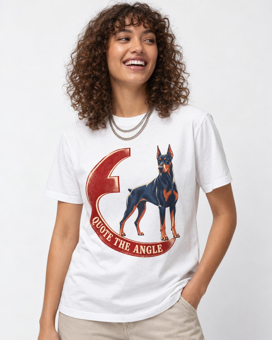Doberman Quote the Angle Crescent Graphic T-Shirt in White, worn by a model