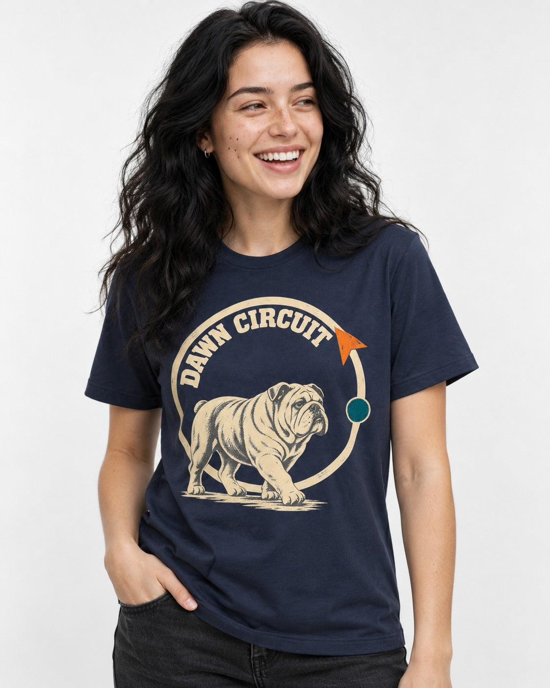 English Bulldog Dawn Circuit Emblem T-Shirt in Navy, worn by a model