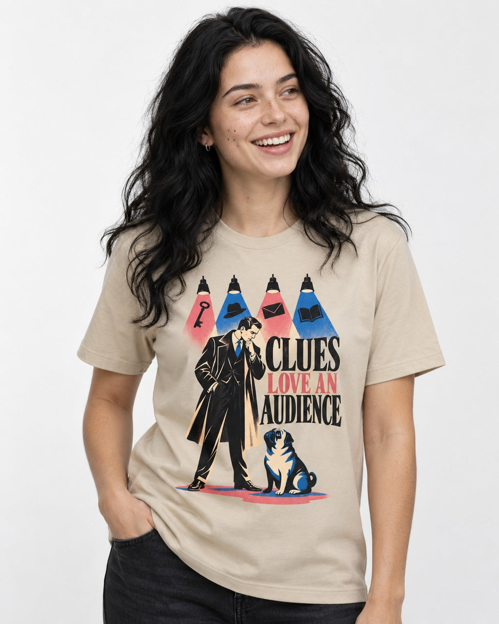 Pug Clues Love an Audience T-Shirt in Sand, worn by a model